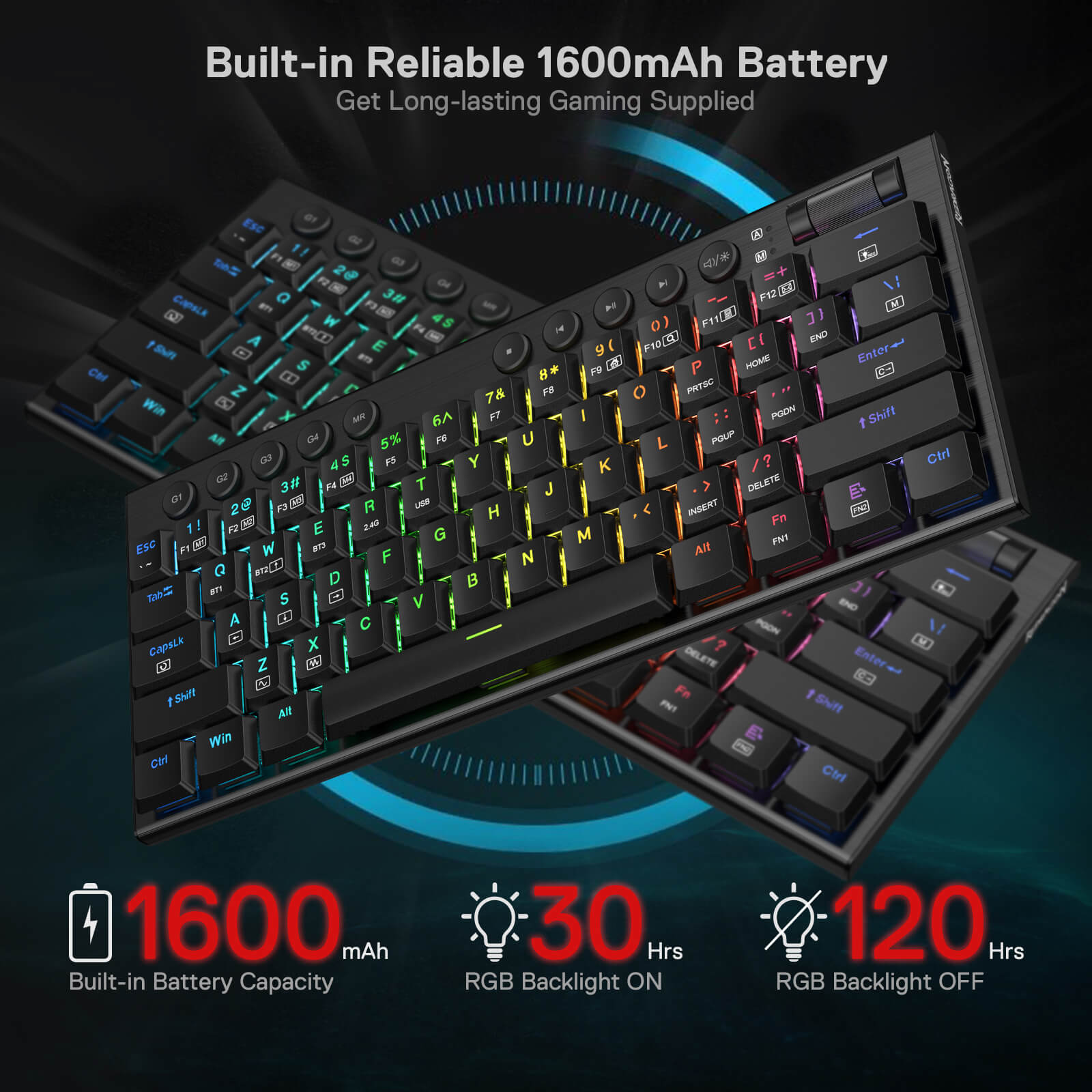 Papan Kekunci Mekanikal RGB Redragon K632 PRO Noctis 60%, Papan Kekunci Permainan Profil Rendah Ultra-Nipis Tri-Mod Bluetooth/2.4Ghz/Berwayar dengan Sambungan Tanpa Lengah