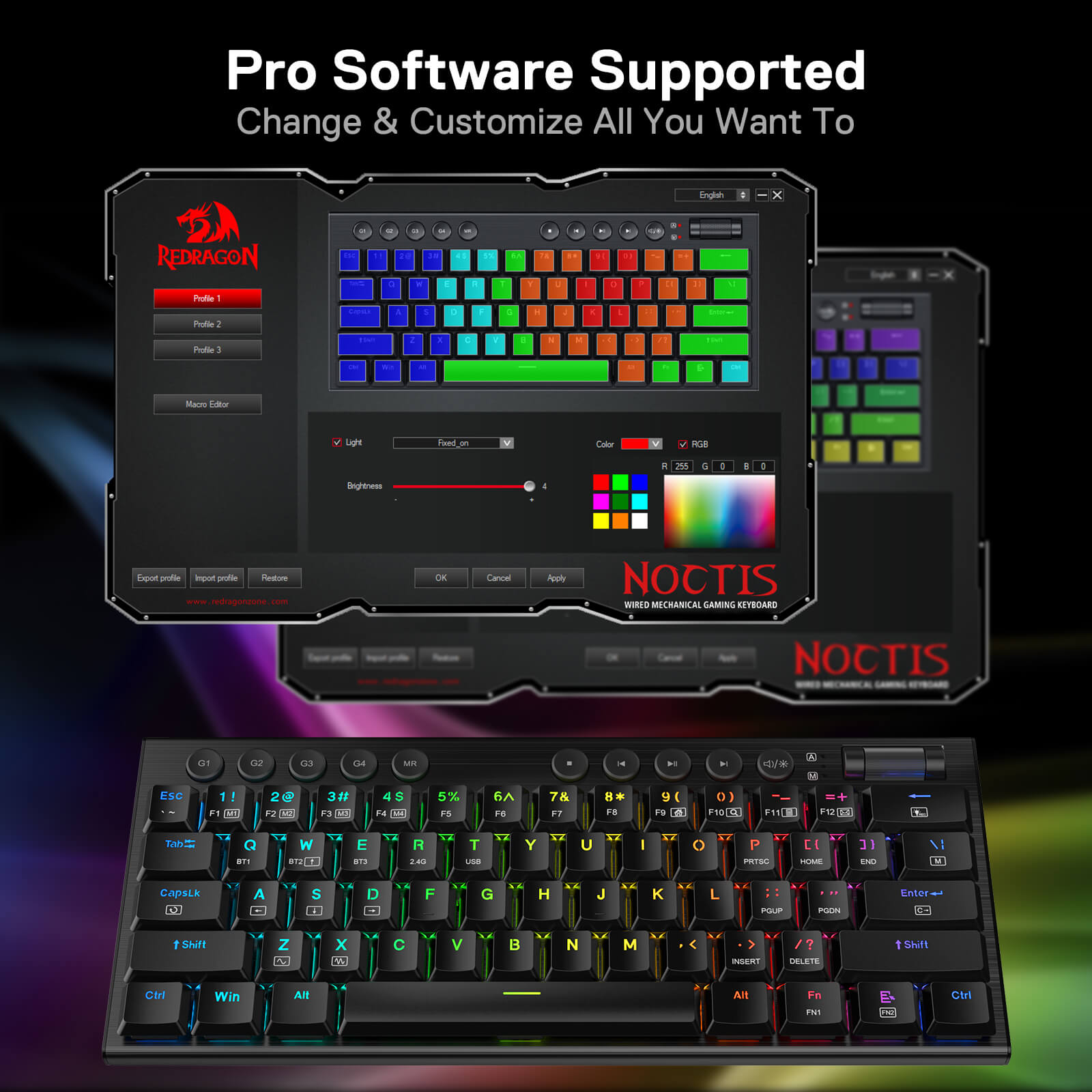Papan Kekunci Mekanikal RGB Redragon K632 PRO Noctis 60%, Papan Kekunci Permainan Profil Rendah Ultra-Nipis Tri-Mod Bluetooth/2.4Ghz/Berwayar dengan Sambungan Tanpa Lengah