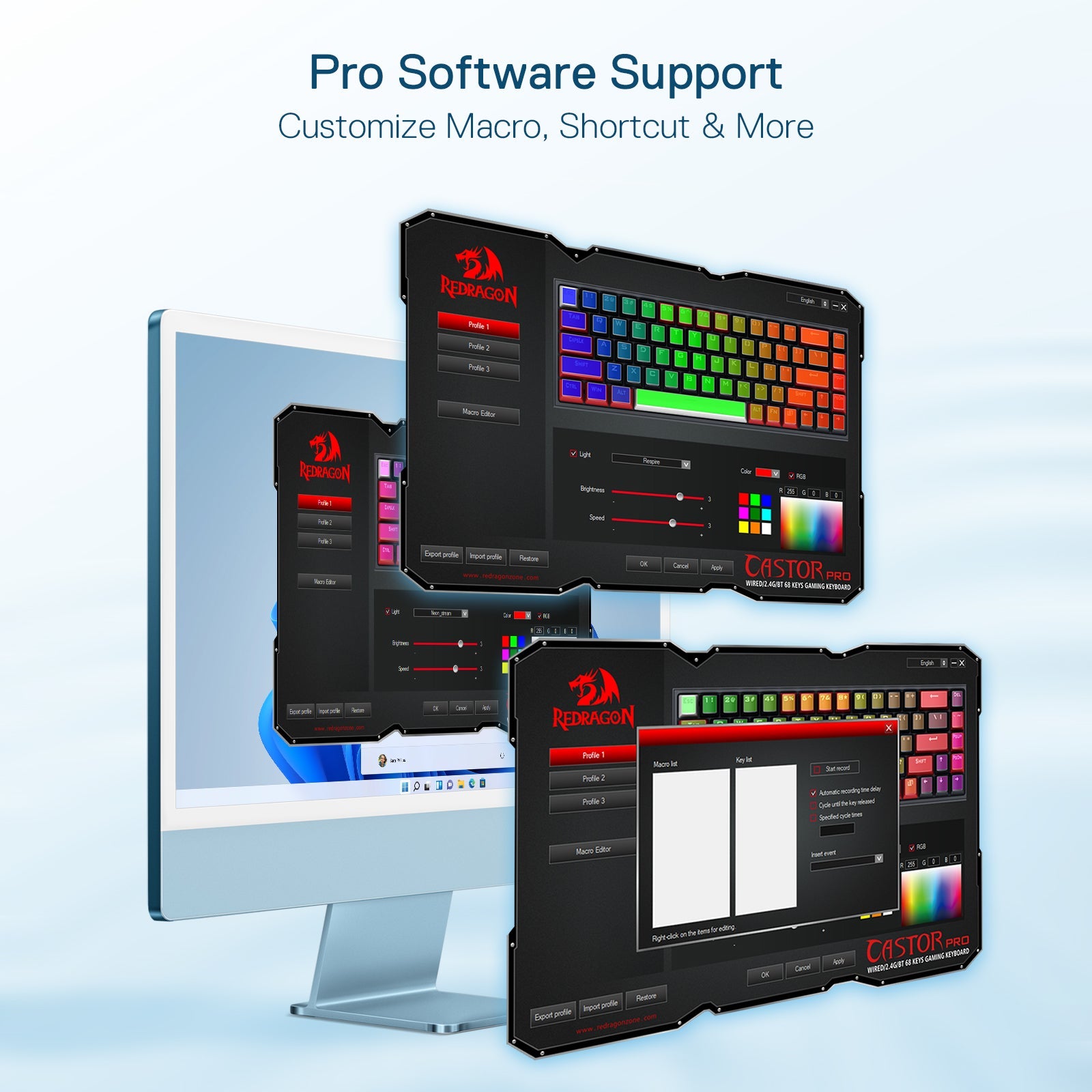Papan Kekunci Permainan RGB Wayarles 3 Mod 65% Redragon K631 PRO, Papan Kekunci Mekanikal Lutsinar Penuh Padat 68 Kekunci dengan Soket PCB Ubahsuai Bebas Hot-Swap, Suis Tersuai Lutsinar