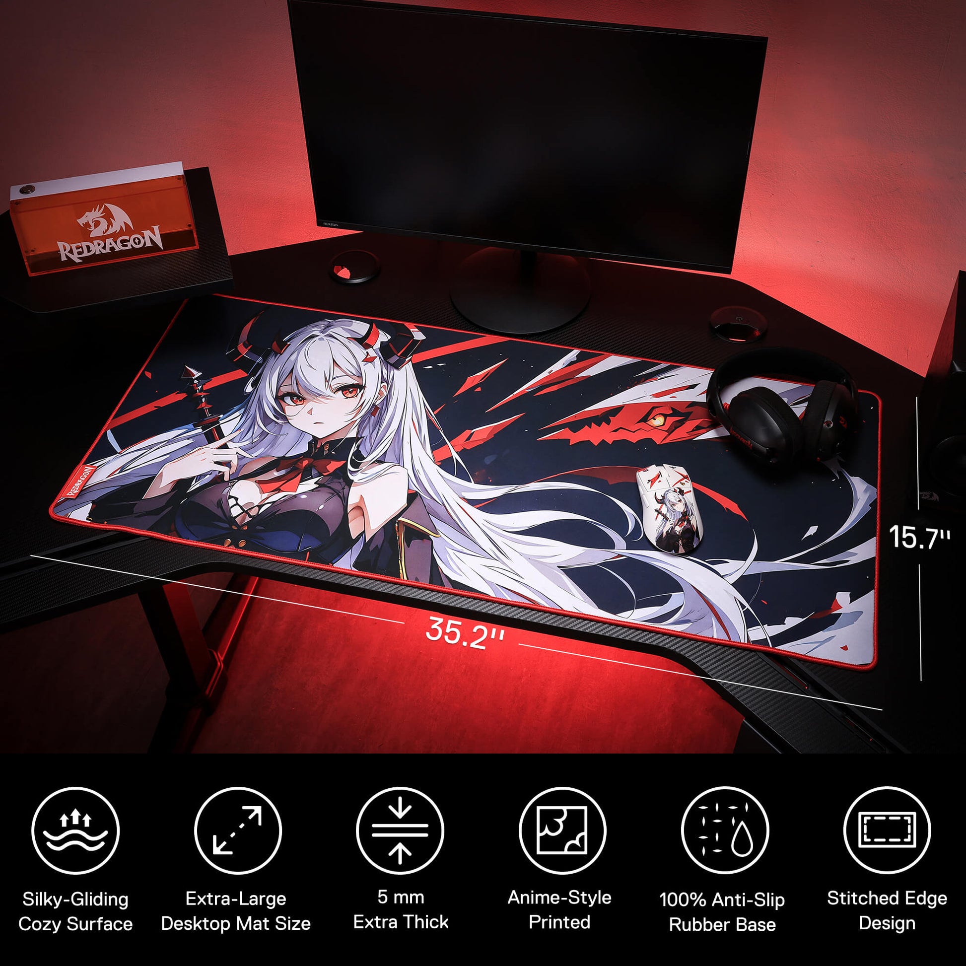 Redragon EISA P047 Anime Black Gaming Mouse Pad - Smooth Lycra Surface, Anti-Slip Rubber Base, Spill-Resistant, Durable 3mm Thick Design, Available in Small (13x10 in) & Large (35x16 in), Computer Mouse Mat, Extended Desk Pad,  Perfect for Gaming & Work, Pairs with EISA K1NG M916 PRO Mouse