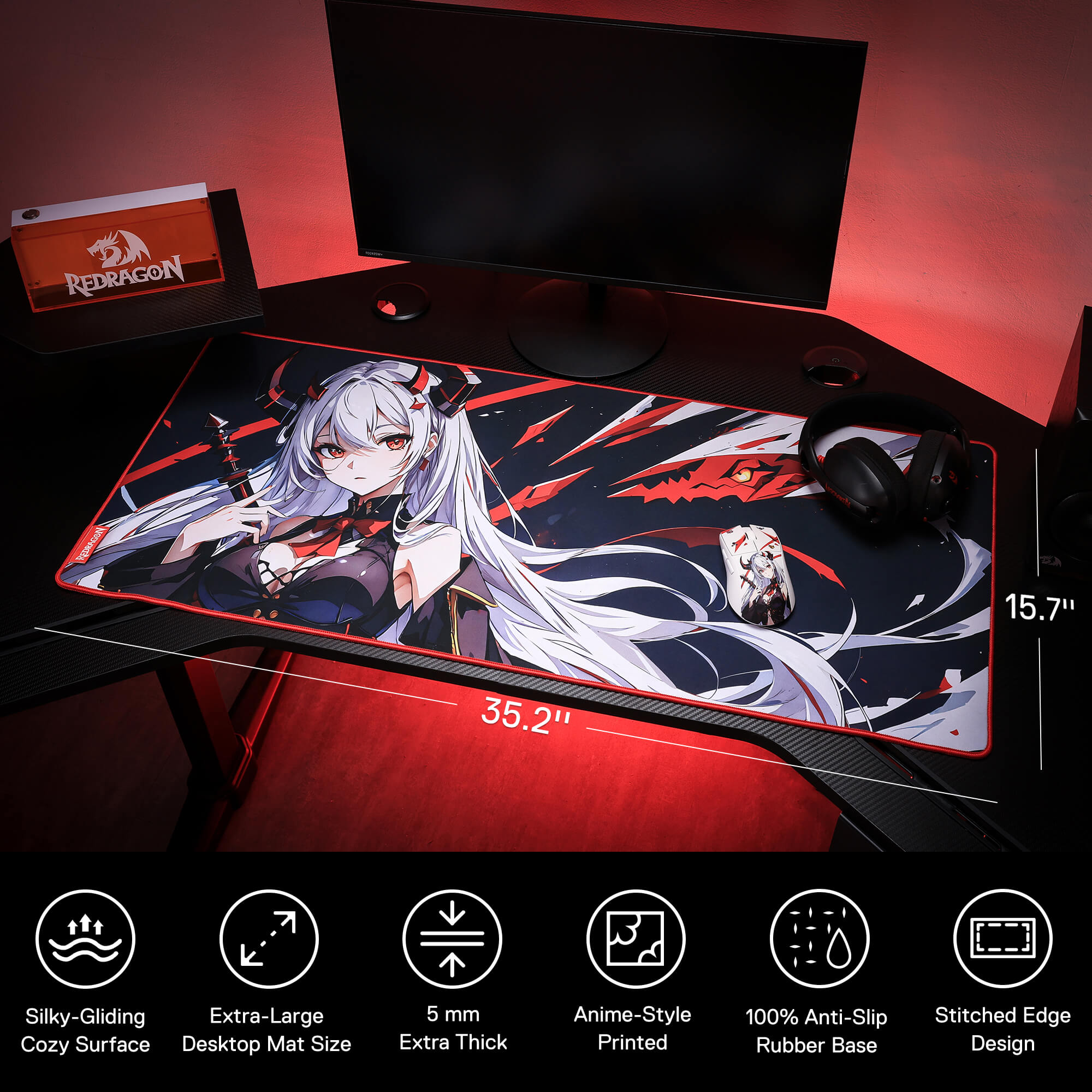 Redragon EISA P047 Anime Black Gaming Mouse Pad - Smooth Lycra Surface, Anti-Slip Rubber Base, Spill-Resistant, Durable 3mm Thick Design, Available in Small (13x10 in) & Large (35x16 in), Computer Mouse Mat, Extended Desk Pad,  Perfect for Gaming & Work, Pairs with EISA K1NG M916 PRO Mouse