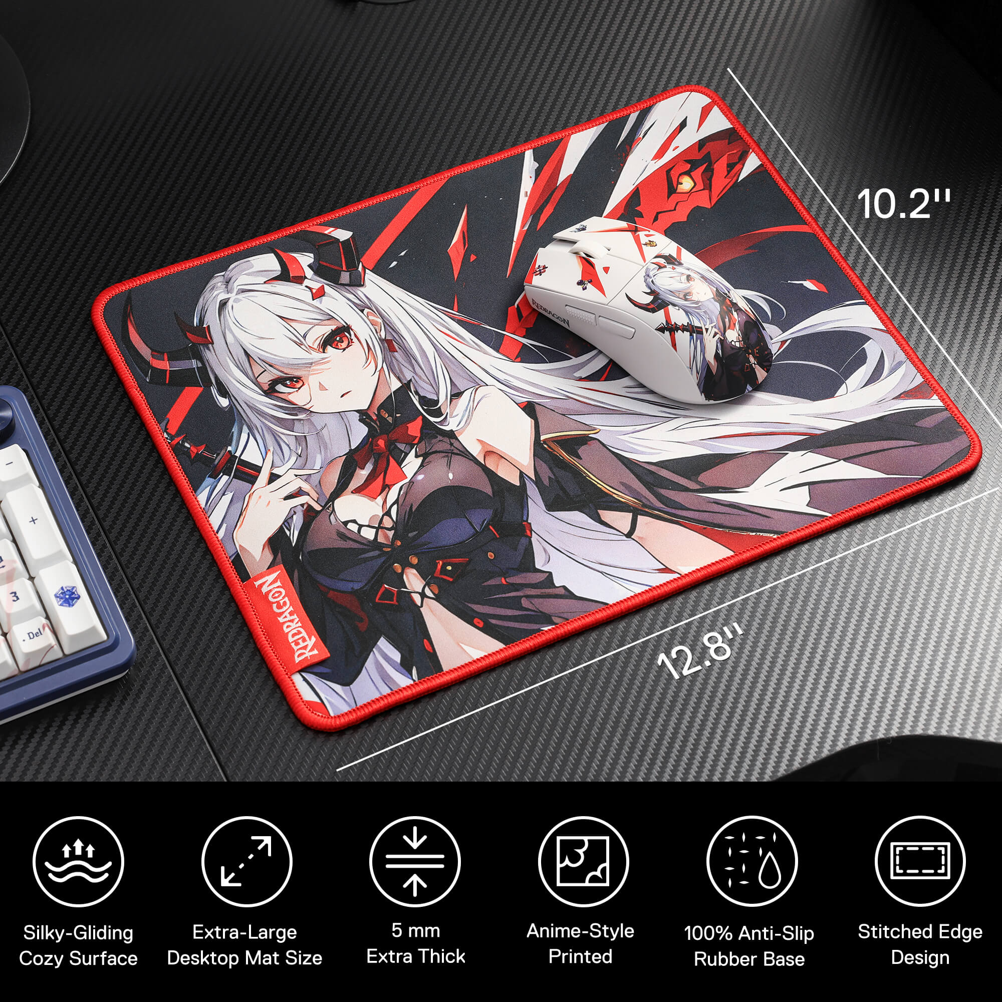 Redragon EISA P047 Anime Black Gaming Mouse Pad - Smooth Lycra Surface, Anti-Slip Rubber Base, Spill-Resistant, Durable 3mm Thick Design, Available in Small (13x10 in) & Large (35x16 in), Computer Mouse Mat, Extended Desk Pad,  Perfect for Gaming & Work, Pairs with EISA K1NG M916 PRO Mouse