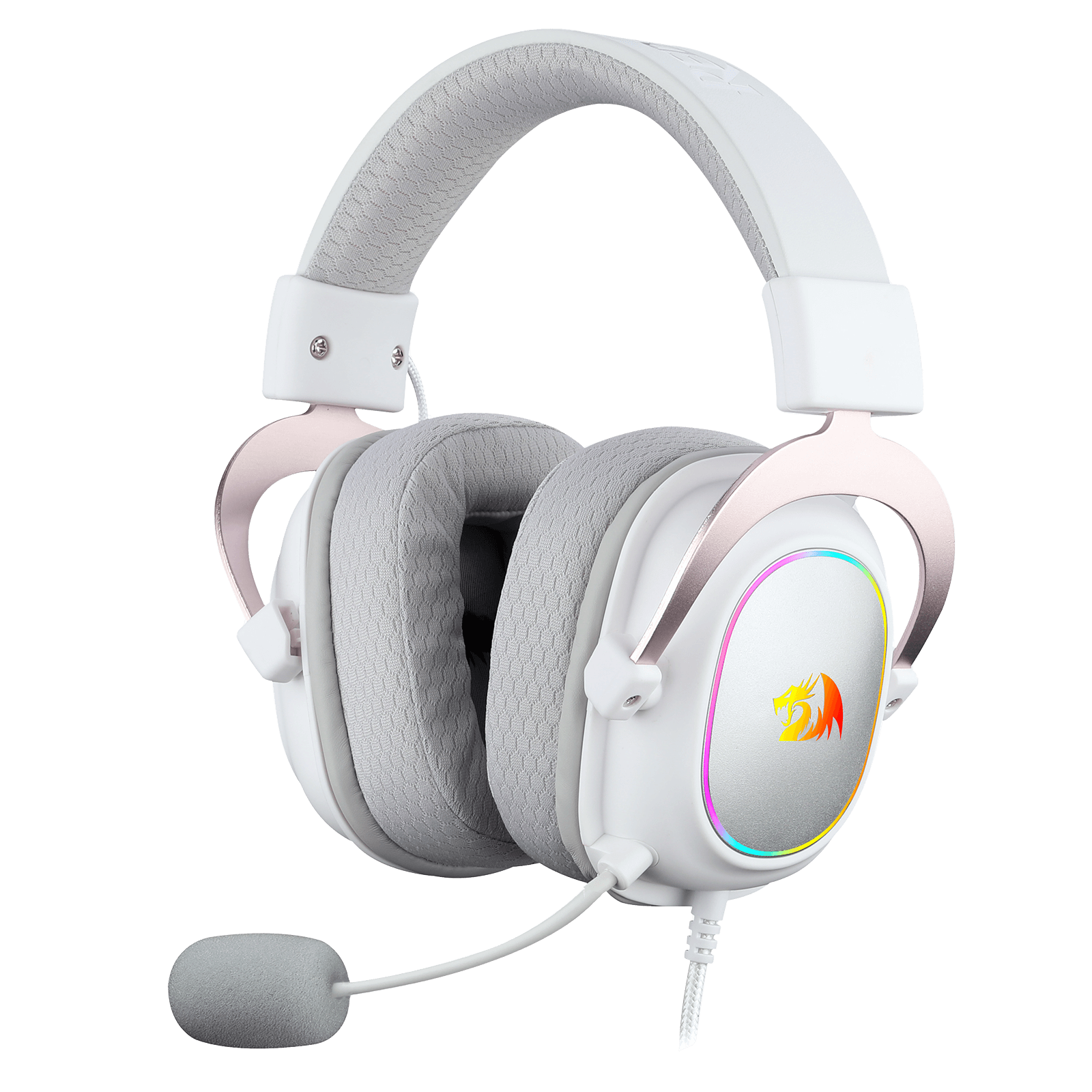 Alat Dengar Permainan Berwayar Redragon H510 Zeus-X RGB Putih - Bunyi Keliling 7.1 - Pemacu Audio 53MM dalam Pad Telinga Buih Memori dengan Penutup Fabrik Tahan Lama - Fon Kepala Pelbagai Platform - Dikuasakan USB untuk PC/PS4/NS