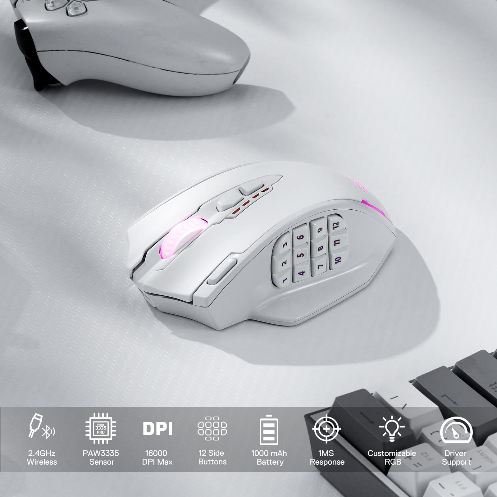 Redragon M913 Impact Elite Tetikus Gaming Tanpa Wayar, Tetikus Gamer RGB Berwayar/Tanpa Wayar 16000 DPI dengan 16 Butang Boleh Atur Cara
