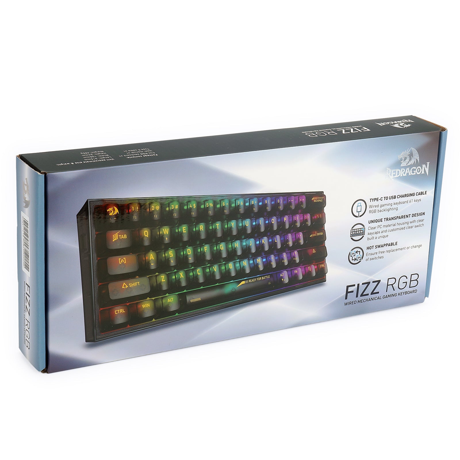 Papan Kekunci Permainan RGB Berwayar 60% Redragon K617CTB-RGB, Papan Kekunci Mekanikal Lutsinar Penuh Padat 61 Kekunci