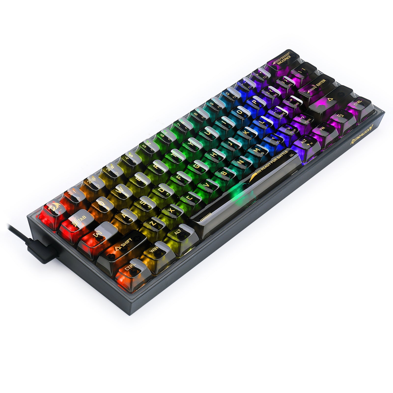 Papan Kekunci Permainan RGB Berwayar 60% Redragon K617CTB-RGB, Papan Kekunci Mekanikal Lutsinar Penuh Padat 61 Kekunci