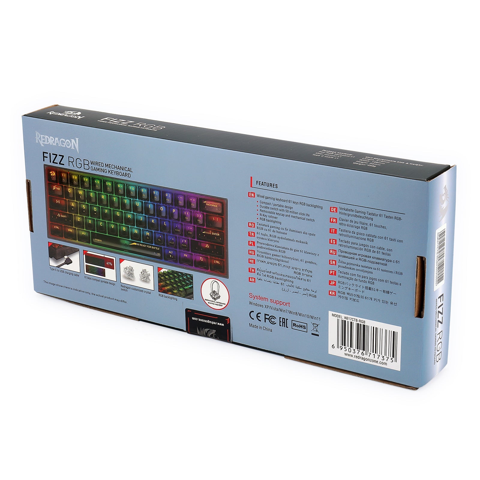 Papan Kekunci Permainan RGB Berwayar 60% Redragon K617CTB-RGB, Papan Kekunci Mekanikal Lutsinar Penuh Padat 61 Kekunci