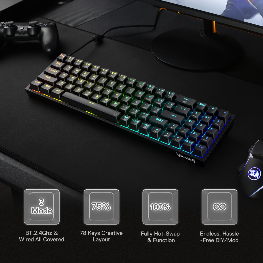Redragon BS136 Tri-Mode Gaming Keyboard & Mouse Combo compact with 2.4Ghz wireless, BT3.0/5.0, Type-C Wired connection tech