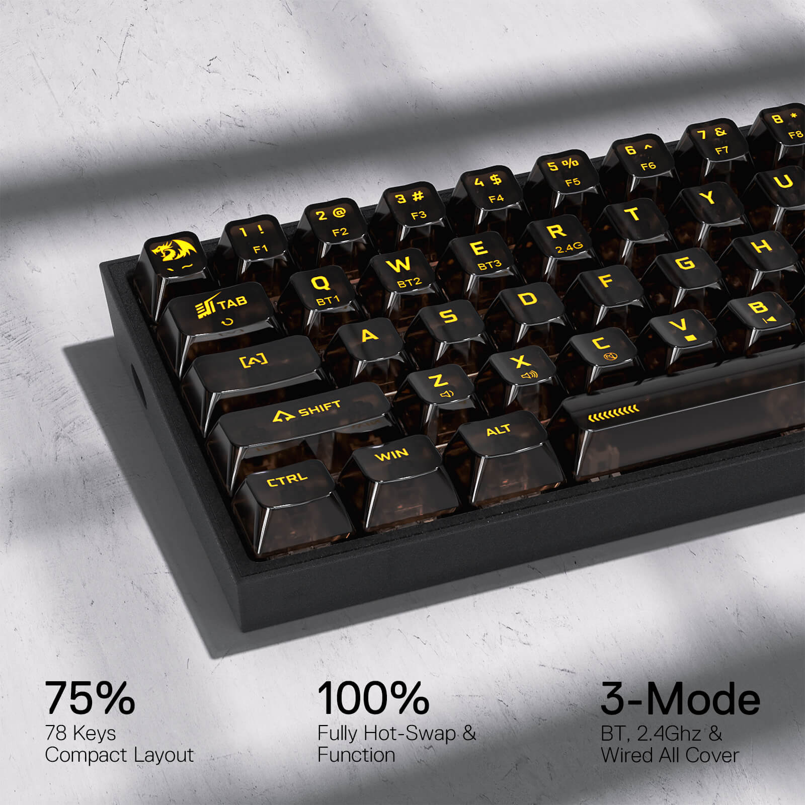 Papan Kekunci Permainan RGB Wayarles 3-Mod 75% Redragon K628 PRO SE, Papan Kekunci Mekanikal Padat Boleh Tukar Panas Lutsinar Sepenuhnya 78 Kekunci dengan Soket Dinaik Taraf, Kekunci Anak Panah & Numpad Khusus, Suis Tersuai Lut Cahaya