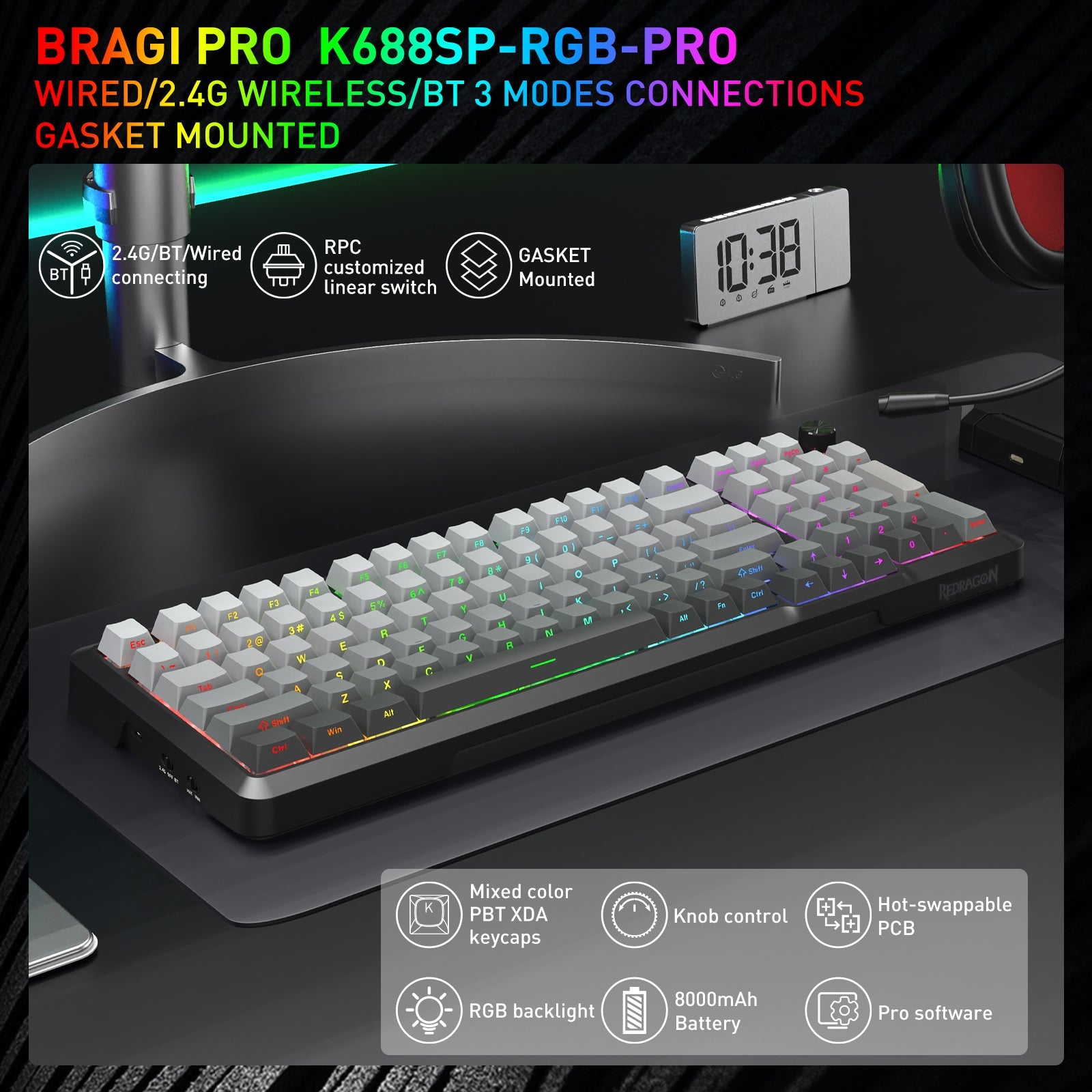 BRAGI PRO K688SP-RGB-PRO PAPAN KEKUNCI MEKANIKAL GASKET 3 MOD
