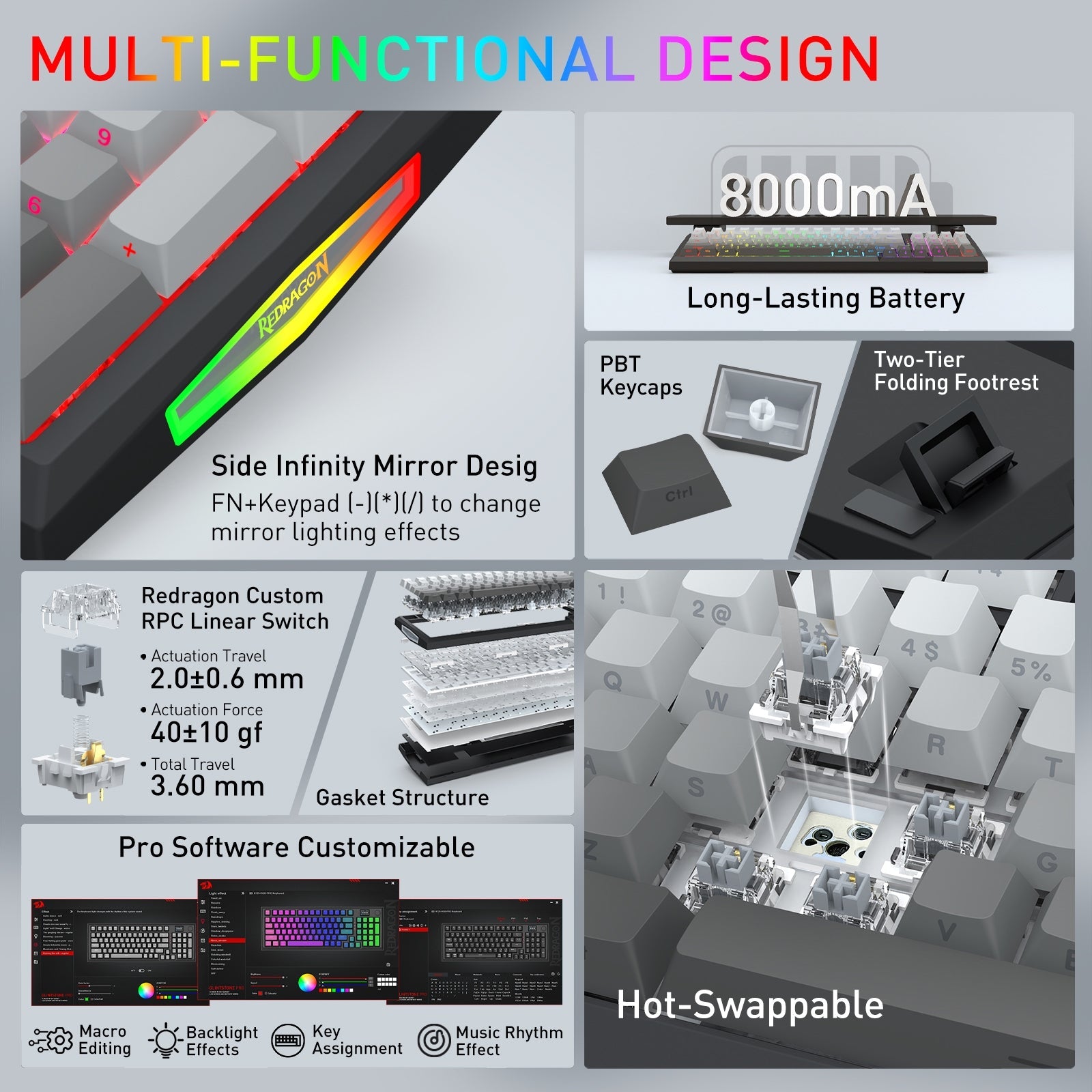 Papan kekunci mekanikal Gasket 3-mod K725SP-RGB-PRO 98+1 dengan paparan LCD