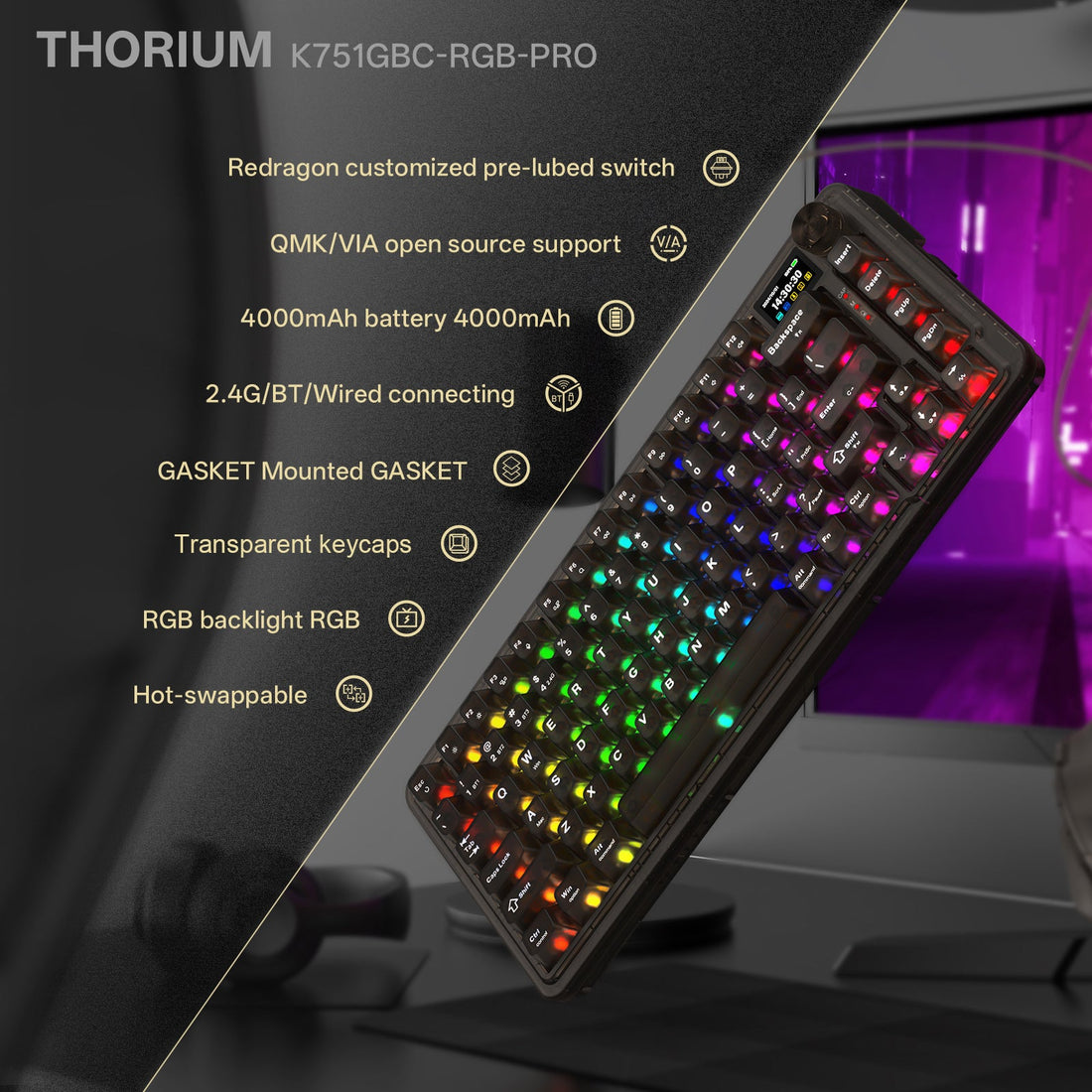 PAPAN KEKUNCI MEKANIKAL HORIUM K751CTB-RGB-PRO 3 MOD GASKET MOUNTED 75% QMK