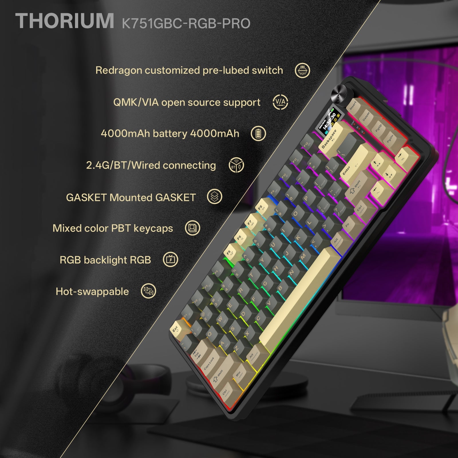 PAPAN KEKUNCI MEKANIKAL QMK THORIUM K751GBC-RGB-PRO 3 MOD GASKET MOUNT 75%