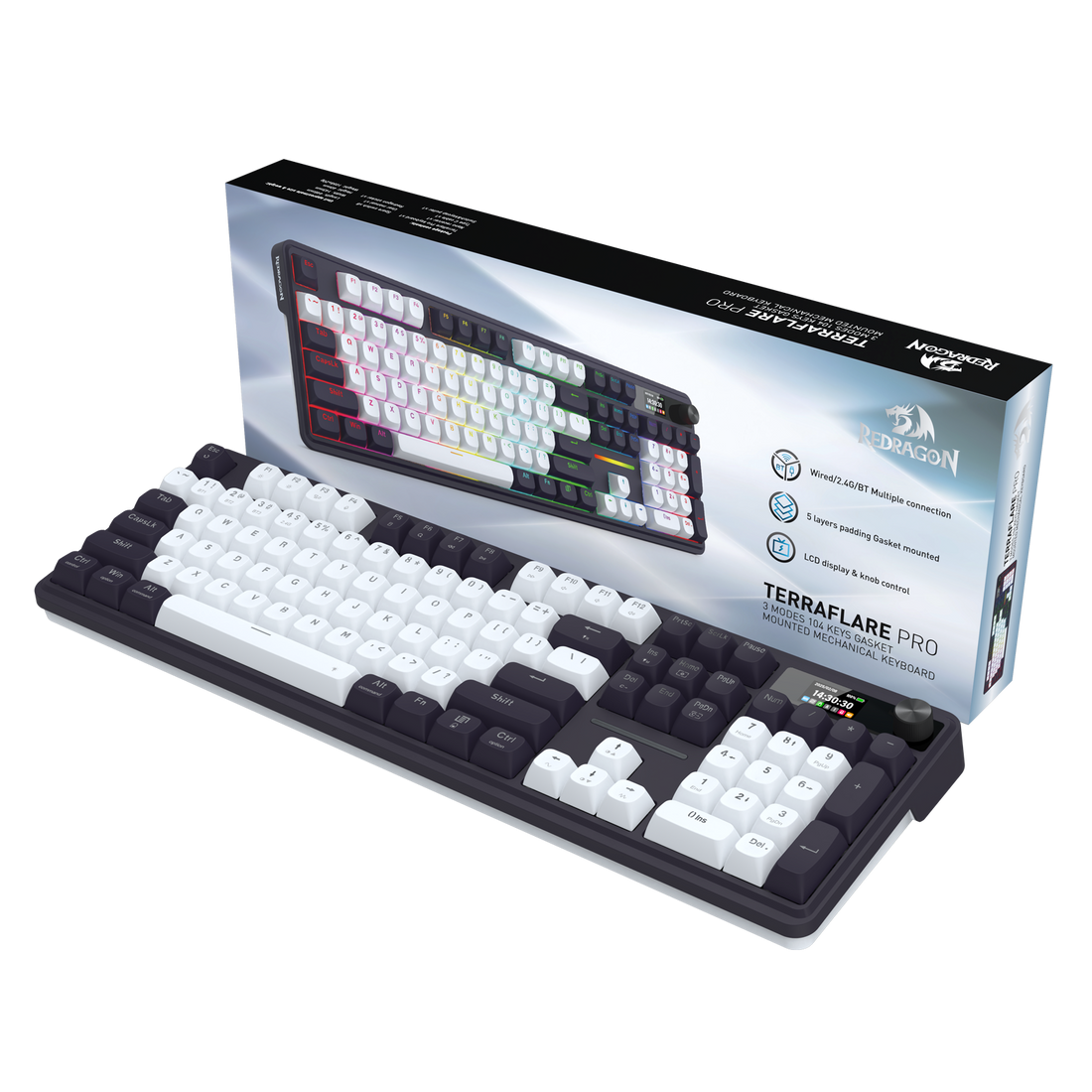 Papan Kekunci Mekanikal Redragon K762WB-RGB-PRO 3 Mod 104 Gasket dengan Paparan LCD