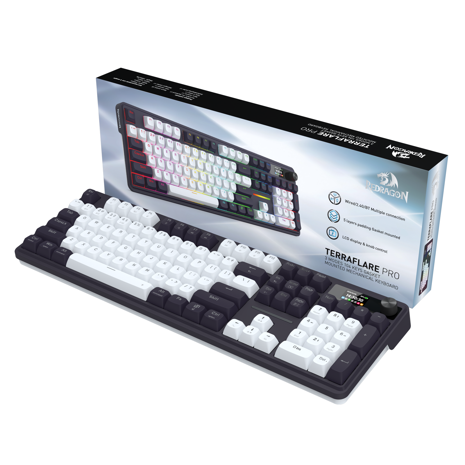 Papan Kekunci Mekanikal Redragon K762WB-RGB-PRO 3 Mod 104 Gasket dengan Paparan LCD