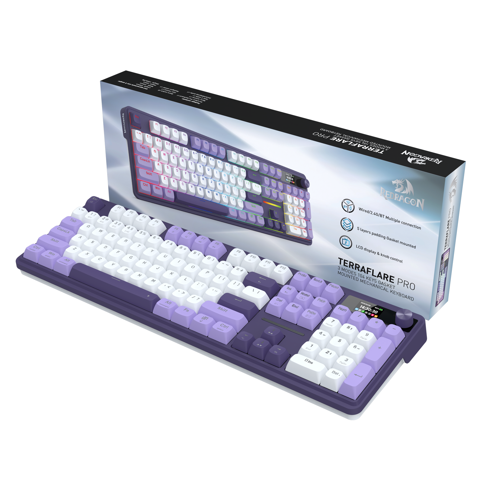 Papan Kekunci Mekanikal Gasket 104 Mod 3 Paparan LCD Redragon K762WP-RGB-PRO