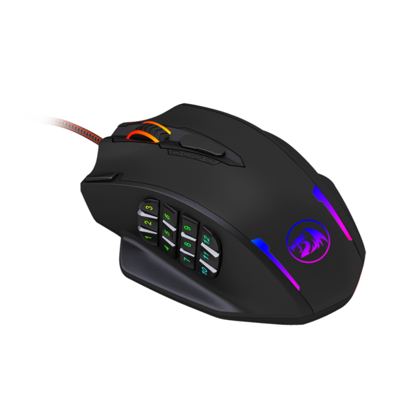 Redragon M908 IMPACT Tetikus Permainan MMO sehingga 12,400 DPI Tetikus Berketepatan Tinggi untuk PC, 18 Butang Boleh Atur Cara, Kartrij Penalaan Berat, 12 Butang Sisi, 5 profil pengguna boleh atur cara, Pilihan Warna LED Penyesuaian 16.8 Juta