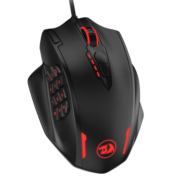 Redragon M908 IMPACT Tetikus Permainan MMO sehingga 12,400 DPI Tetikus Berketepatan Tinggi untuk PC, 18 Butang Boleh Atur Cara, Kartrij Penalaan Berat, 12 Butang Sisi, 5 profil pengguna boleh atur cara, Pilihan Warna LED Penyesuaian 16.8 Juta