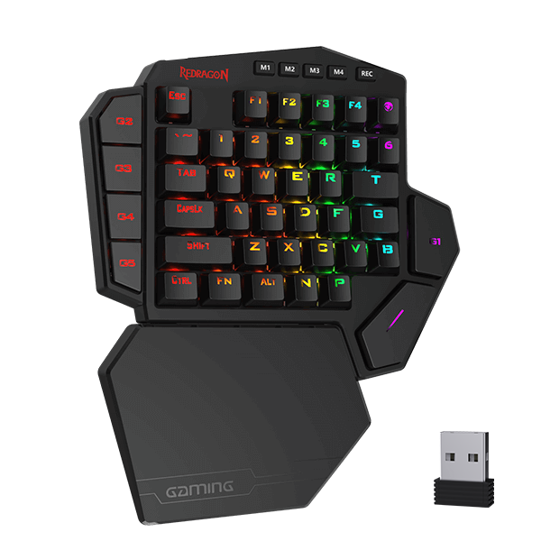 Papan Kekunci Mekanikal Satu Tangan Wayarles Redragon K585 DITI, Pad Kekunci Permainan RGB 40% 2.4Ghz 42 Kekunci dengan 7 Kekunci Makro Onboard, Sokongan Pergelangan Tangan Boleh Tanggal, Bateri 3000 mAh