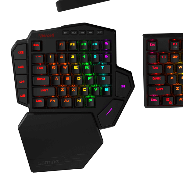 Papan Kekunci Mekanikal Satu Tangan Wayarles Redragon K585 DITI, Pad Kekunci Permainan RGB 40% 2.4Ghz 42 Kekunci dengan 7 Kekunci Makro Onboard, Sokongan Pergelangan Tangan Boleh Tanggal, Bateri 3000 mAh