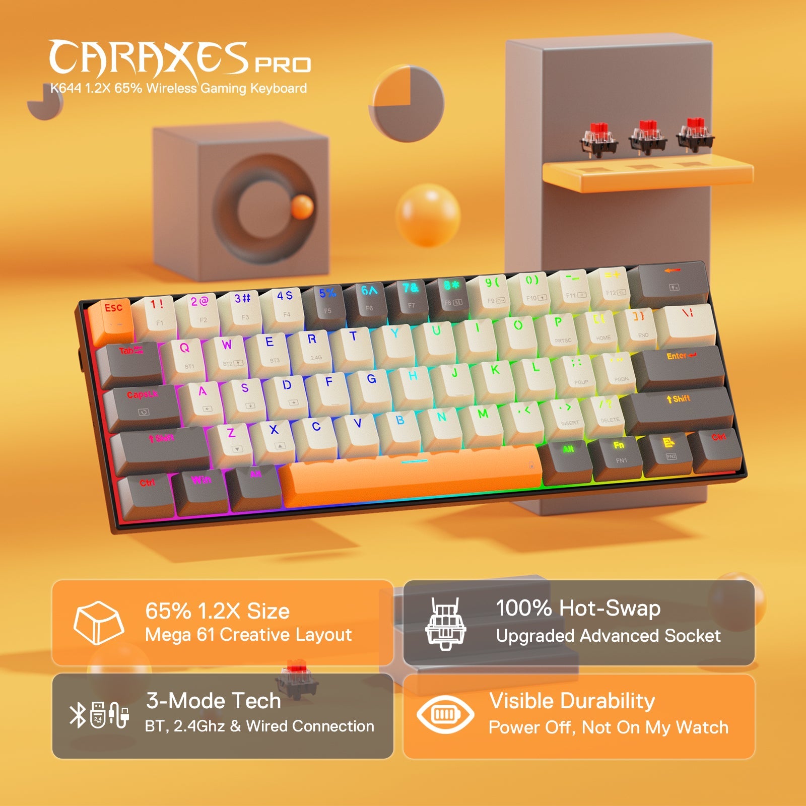 Papan Kekunci Permainan RGB Wayarles 3-Mod 65% Redragon K644 SE, Papan Kekunci Mekanikal Padat Boleh Tukar Panas 61 Kekunci dengan Soket PCB Boleh Tukar Panas yang Dinaik Taraf & Saiz 1.2X Lebih Besar yang Kreatif, Suis Linear Merah Senyap