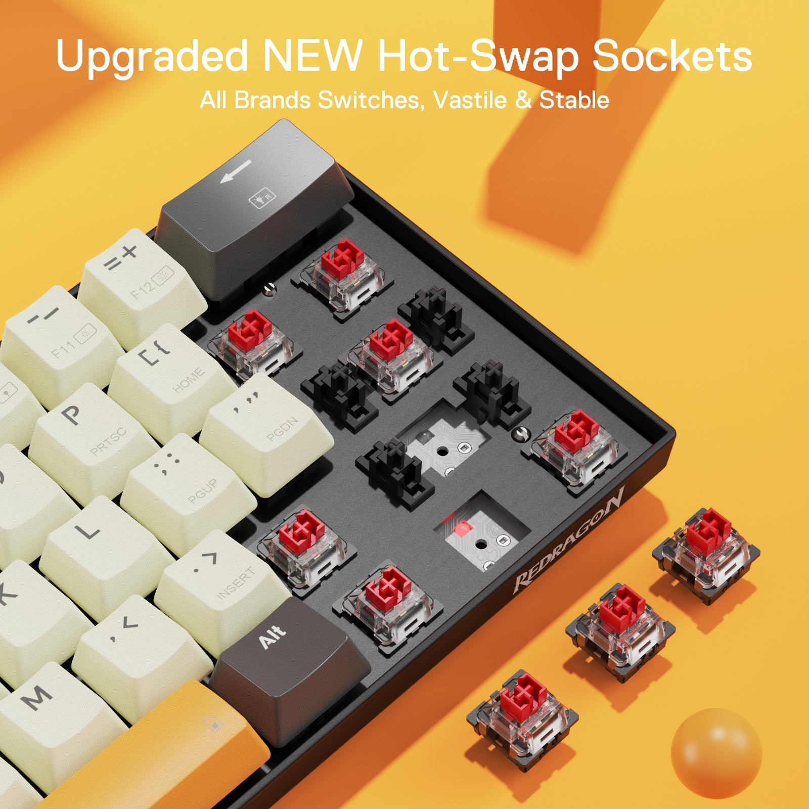 Papan Kekunci Permainan RGB Wayarles 3-Mod 65% Redragon K644 SE, Papan Kekunci Mekanikal Padat Boleh Tukar Panas 61 Kekunci dengan Soket PCB Boleh Tukar Panas yang Dinaik Taraf & Saiz 1.2X Lebih Besar yang Kreatif, Suis Linear Merah Senyap
