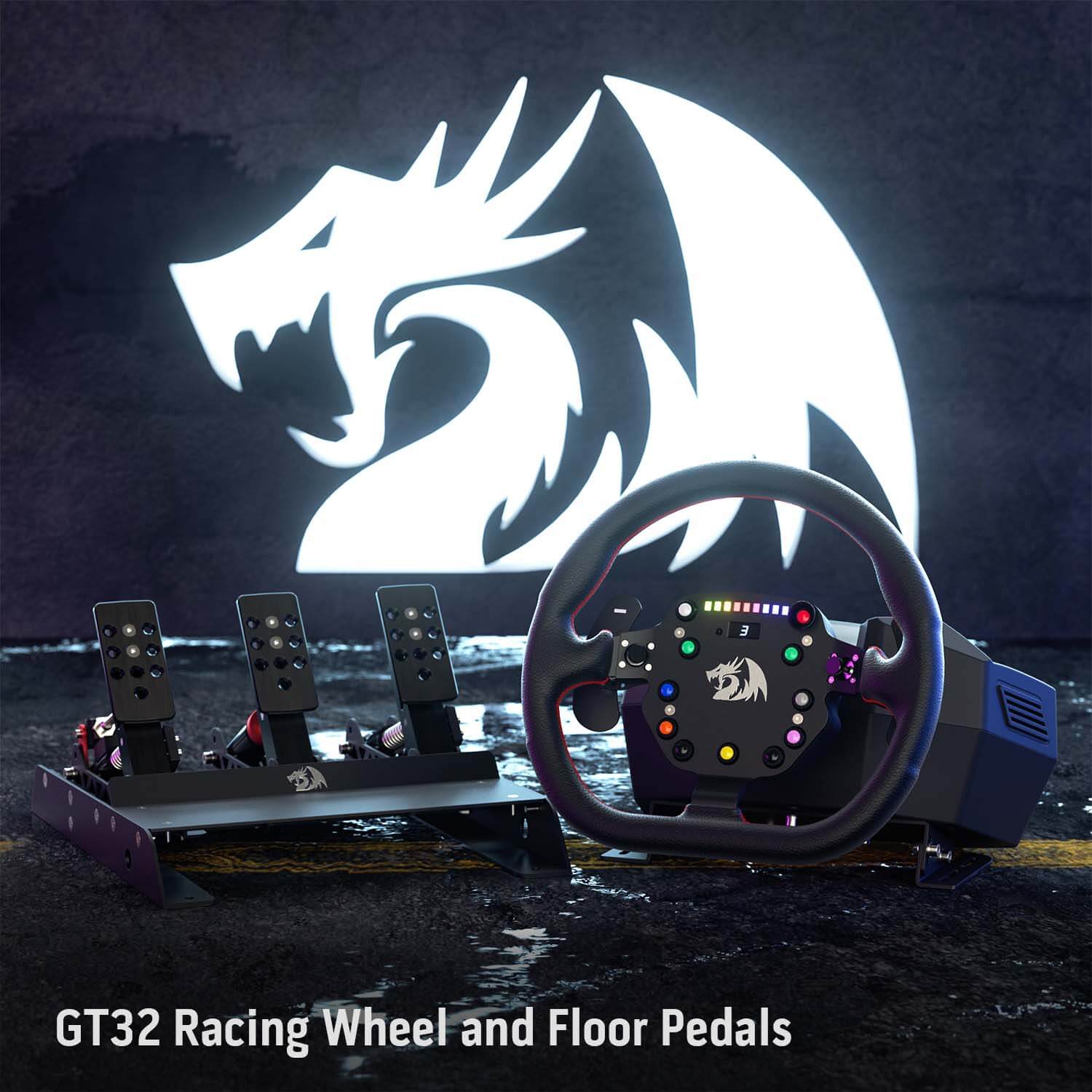 Stereng Lumba Redragon GT-32 dan Pedal Lantai, Simulator Perlumbaan Kereta Maklum Balas Kuasa Sebenar, Kotak Kawalan & Pedal Dwi-Motor PMSM, Penderia Dewan Tanpa Sentuhan, Maklum Balas Kuasa Sebenar Unggul Didedikasikan untuk Pemain Komputer