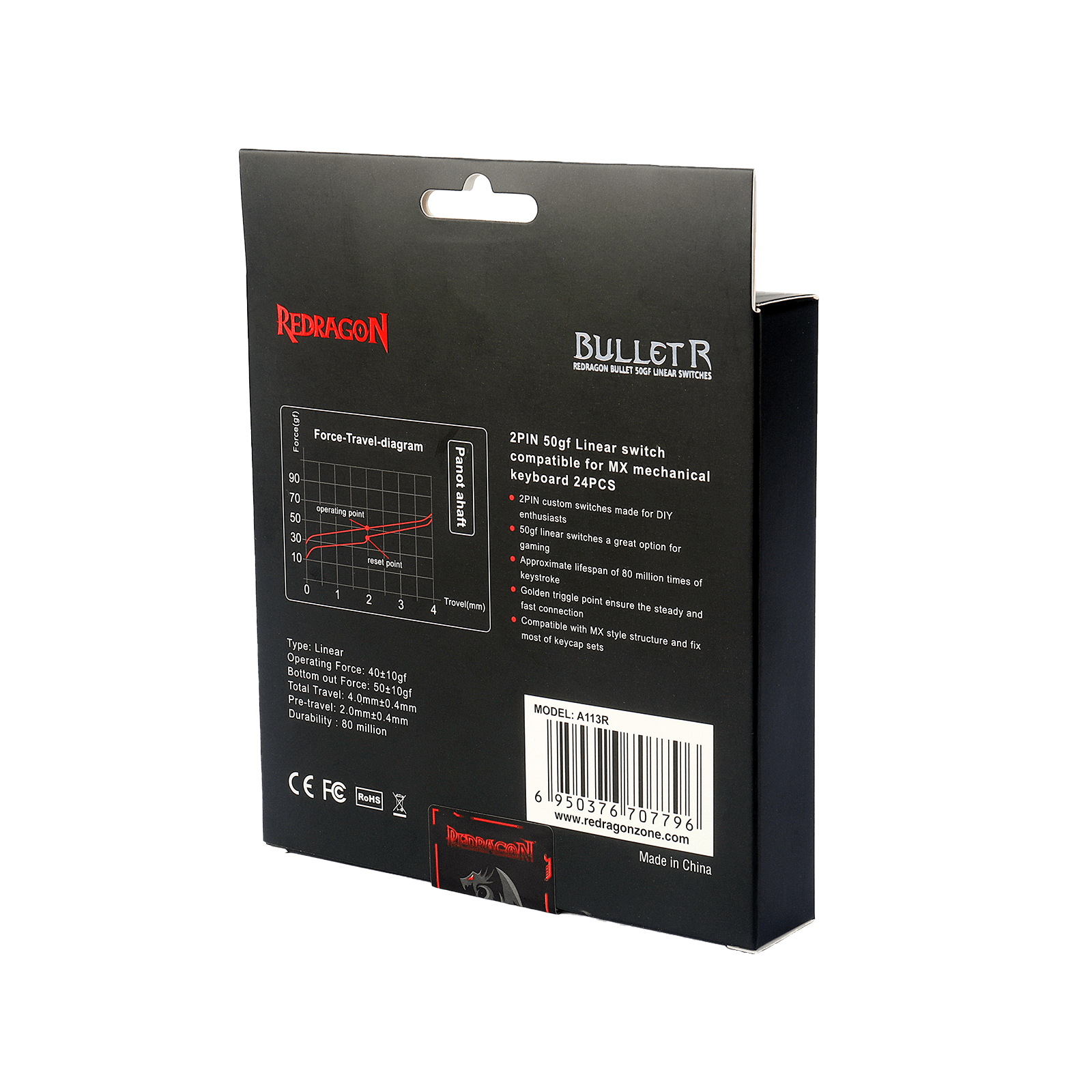 Redragon A113 Bullet-R Suis Mekanikal Linear, Mod Suis Senyap Papan Kekunci DIY Boleh Tukar Panas, 50 Juta Klik (24 unit Suis, Pencabut Kekunci + Pencabut Suis)