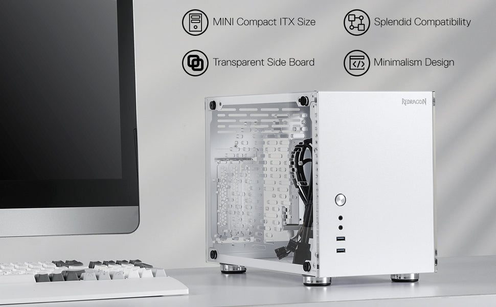 Sarung PC Permainan Redragon EB211 Mini-ITX, Casing Komputer Faktor Bentuk Kecil dengan Panel Telus Akrilik Sarang Lebah Berventilasi, GPU Tiga Slot dan Kebolehcapaian 360 Darjah, Putih