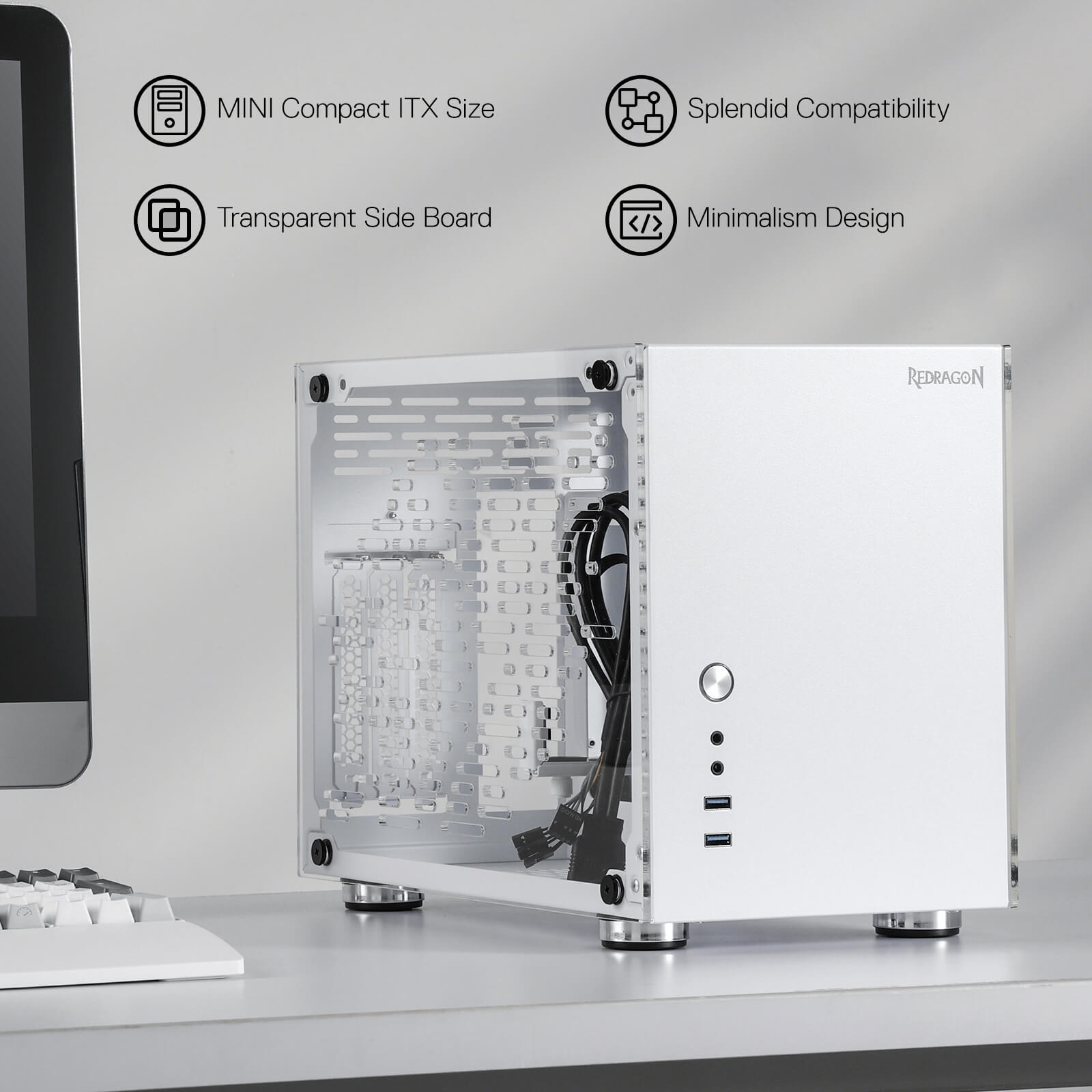 Sarung PC Permainan Redragon EB211 Mini-ITX, Casing Komputer Faktor Bentuk Kecil dengan Panel Telus Akrilik Sarang Lebah Berventilasi, GPU Tiga Slot dan Kebolehcapaian 360 Darjah, Putih