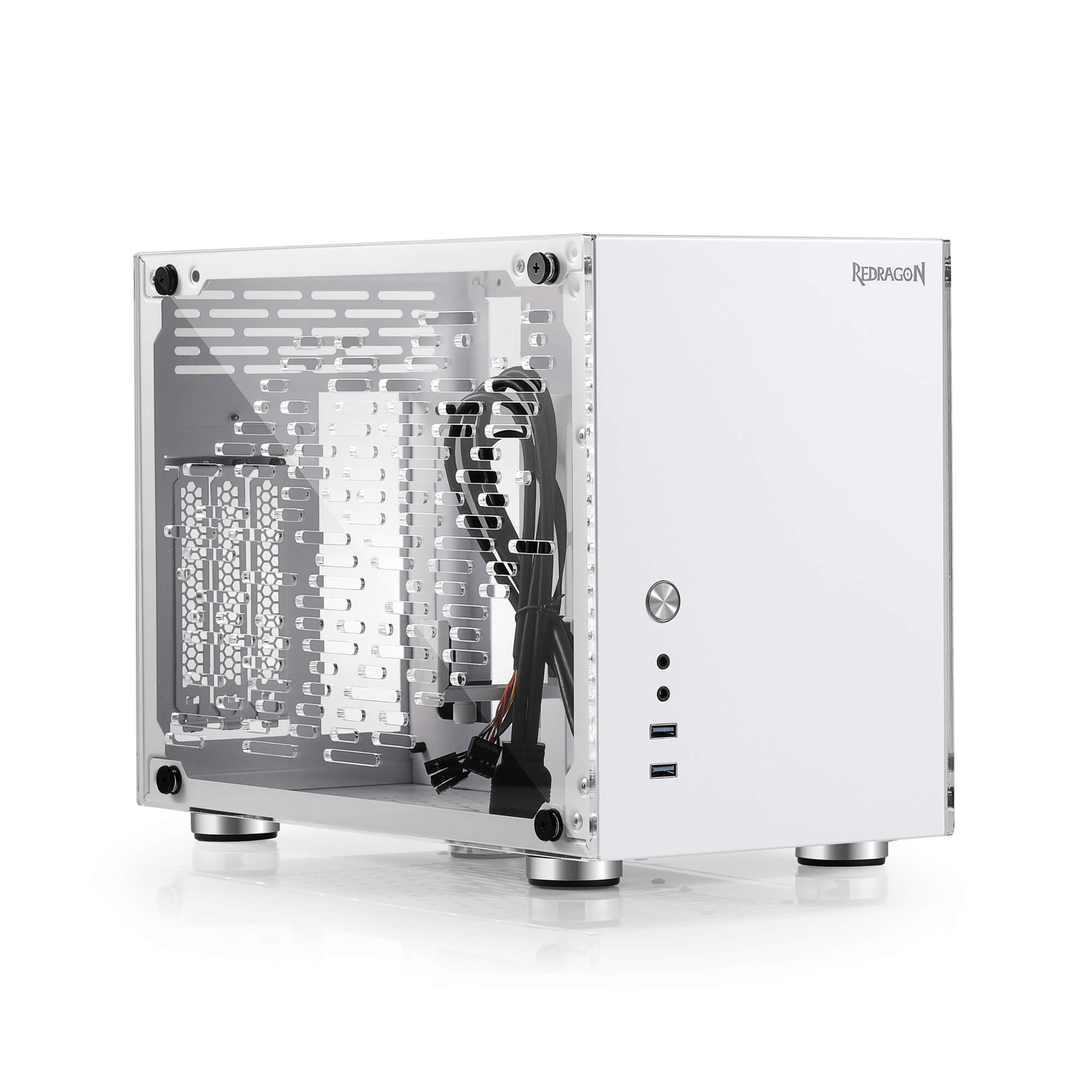 Sarung PC Permainan Redragon EB211 Mini-ITX, Casing Komputer Faktor Bentuk Kecil dengan Panel Telus Akrilik Sarang Lebah Berventilasi, GPU Tiga Slot dan Kebolehcapaian 360 Darjah, Putih
