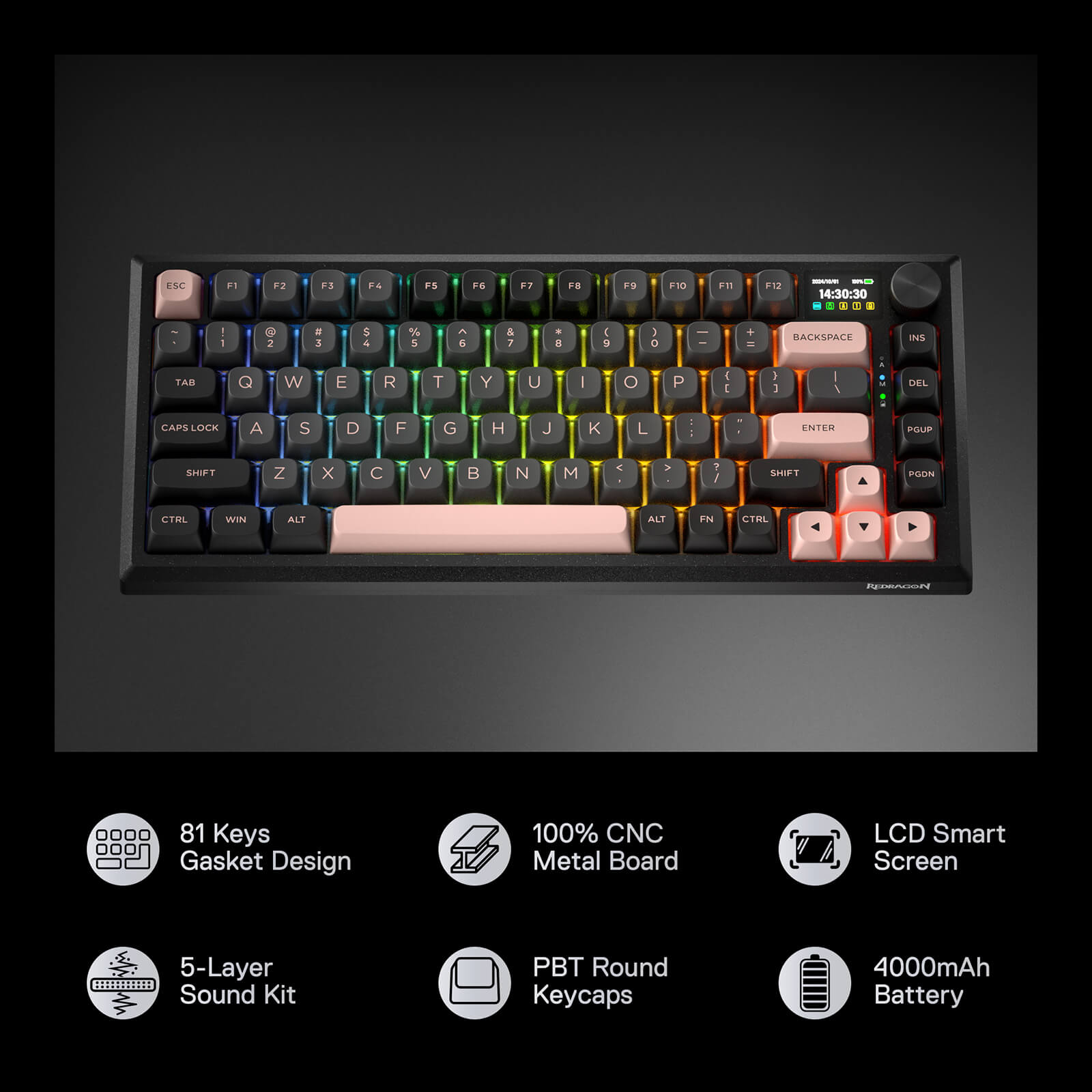 Redragon K720 Wireless CNC Gasket Gaming Keyboard w/Hype Screen & Knob, 81 Keys Mechanical Keyboard, Smart 1.14’’ TFT Info Display, 5-Layer Noise Dampening, Custom Linear Switch, Dawn Sakura Color