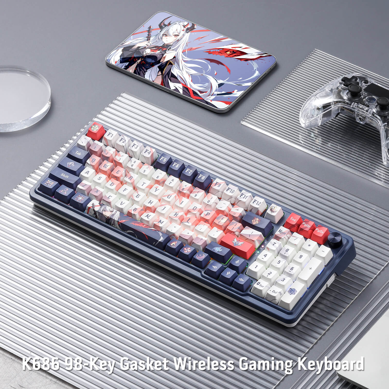 Redragon K686 Pro SE Keyboard in a Gaming Setup with Customizable RGB Lighting and Anime-Themed Design