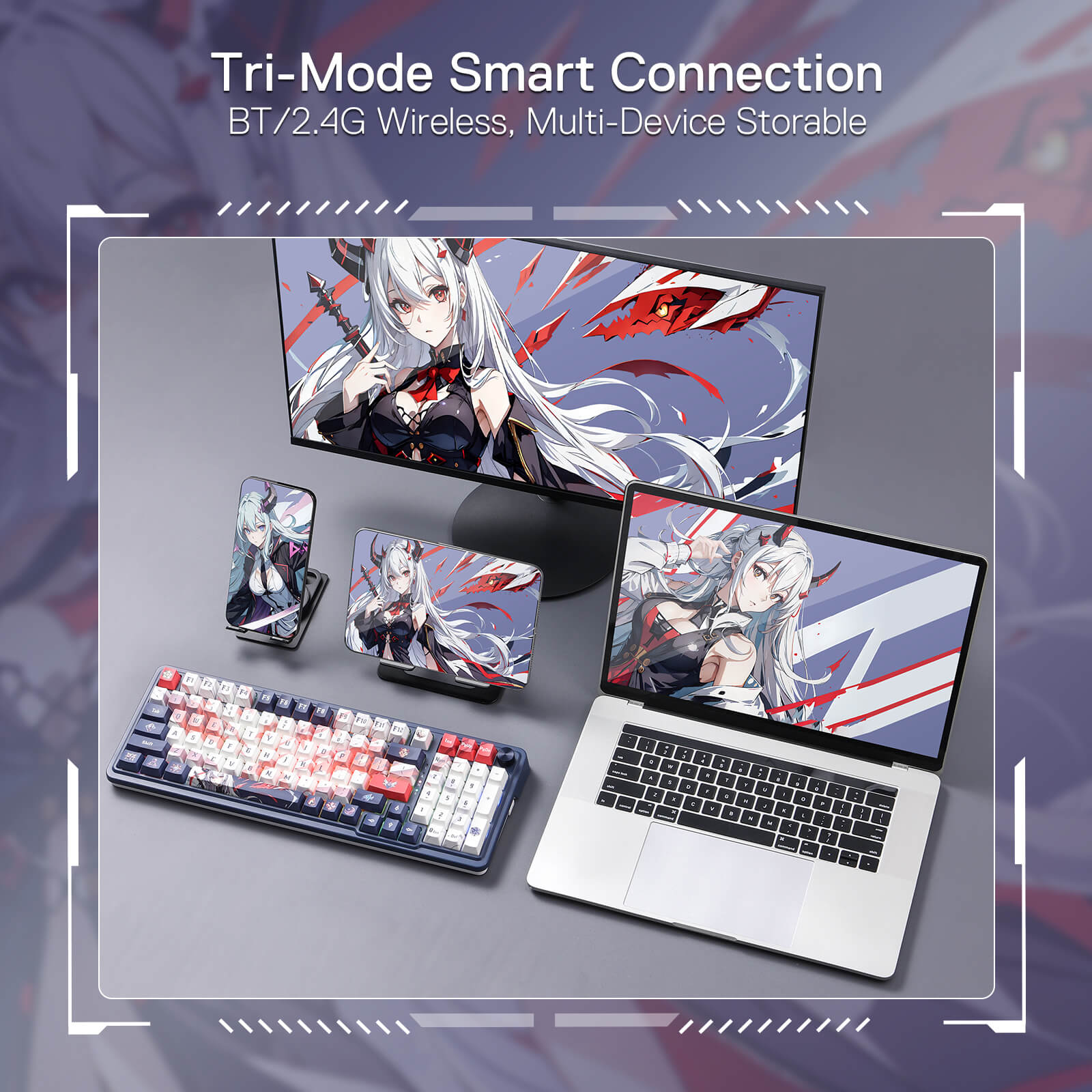 Redragon K686 Pro SE Keyboard in a Gaming Setup with Customizable RGB Lighting and Anime-Themed Design