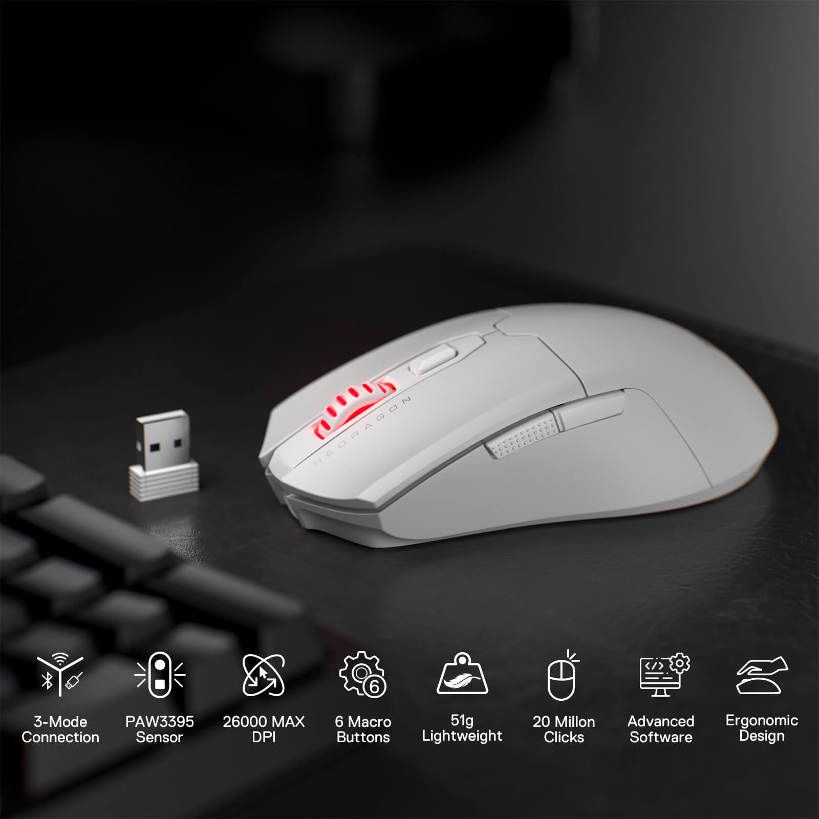 Redragon M995 Wireless Gaming Mouse, 26000 DPI Wired/Wireless Gamer Mouse w/ 3-Mode Connection, BT & 2.4G Wireless, 6 Macro Buttons, Durable Power Capacity for PC/Mac/Laptop