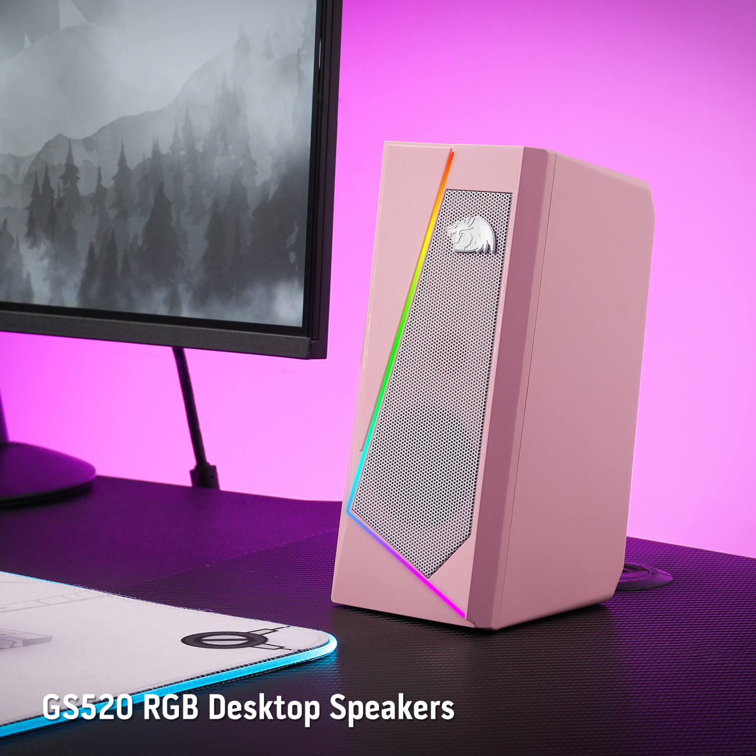 Pembesar Suara Desktop RGB Redragon GS520, Pembesar Suara Stereo Komputer PC 2.0 Saluran dengan 6 Mod LED Berwarna-warni, Bunyi Dipertingkat dan Kawalan Kelantangan Mudah Akses, Berkuasa USB dengan Kabel 3.5mm, Merah Jambu