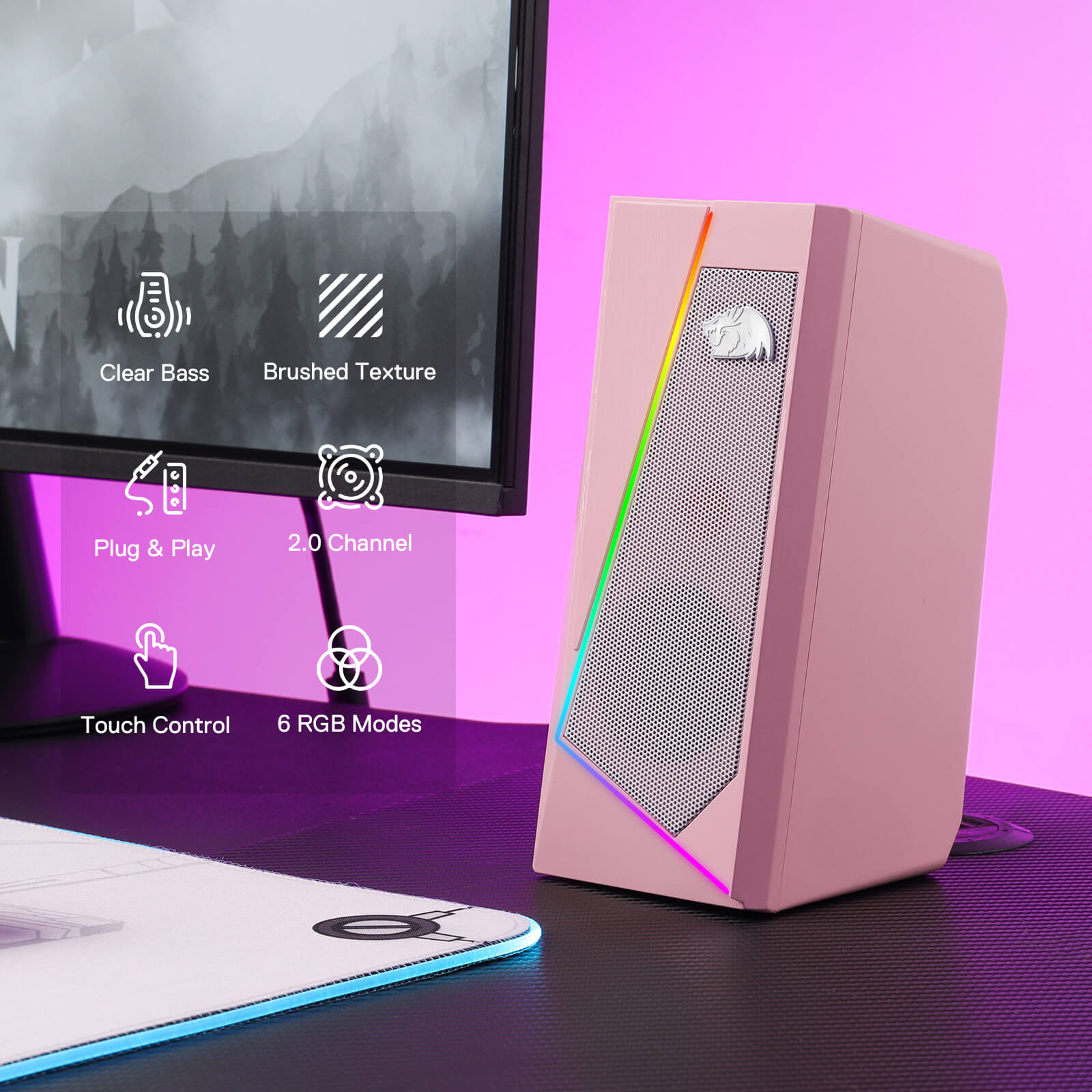 Pembesar Suara Desktop RGB Redragon GS520, Pembesar Suara Stereo Komputer PC 2.0 Saluran dengan 6 Mod LED Berwarna-warni, Bunyi Dipertingkat dan Kawalan Kelantangan Mudah Akses, Berkuasa USB dengan Kabel 3.5mm, Merah Jambu