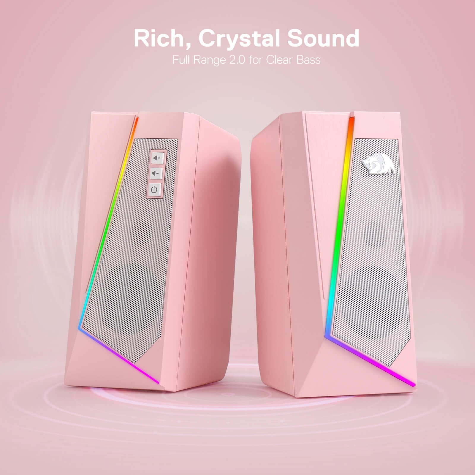 Pembesar Suara Desktop RGB Redragon GS520, Pembesar Suara Stereo Komputer PC 2.0 Saluran dengan 6 Mod LED Berwarna-warni, Bunyi Dipertingkat dan Kawalan Kelantangan Mudah Akses, Berkuasa USB dengan Kabel 3.5mm, Merah Jambu