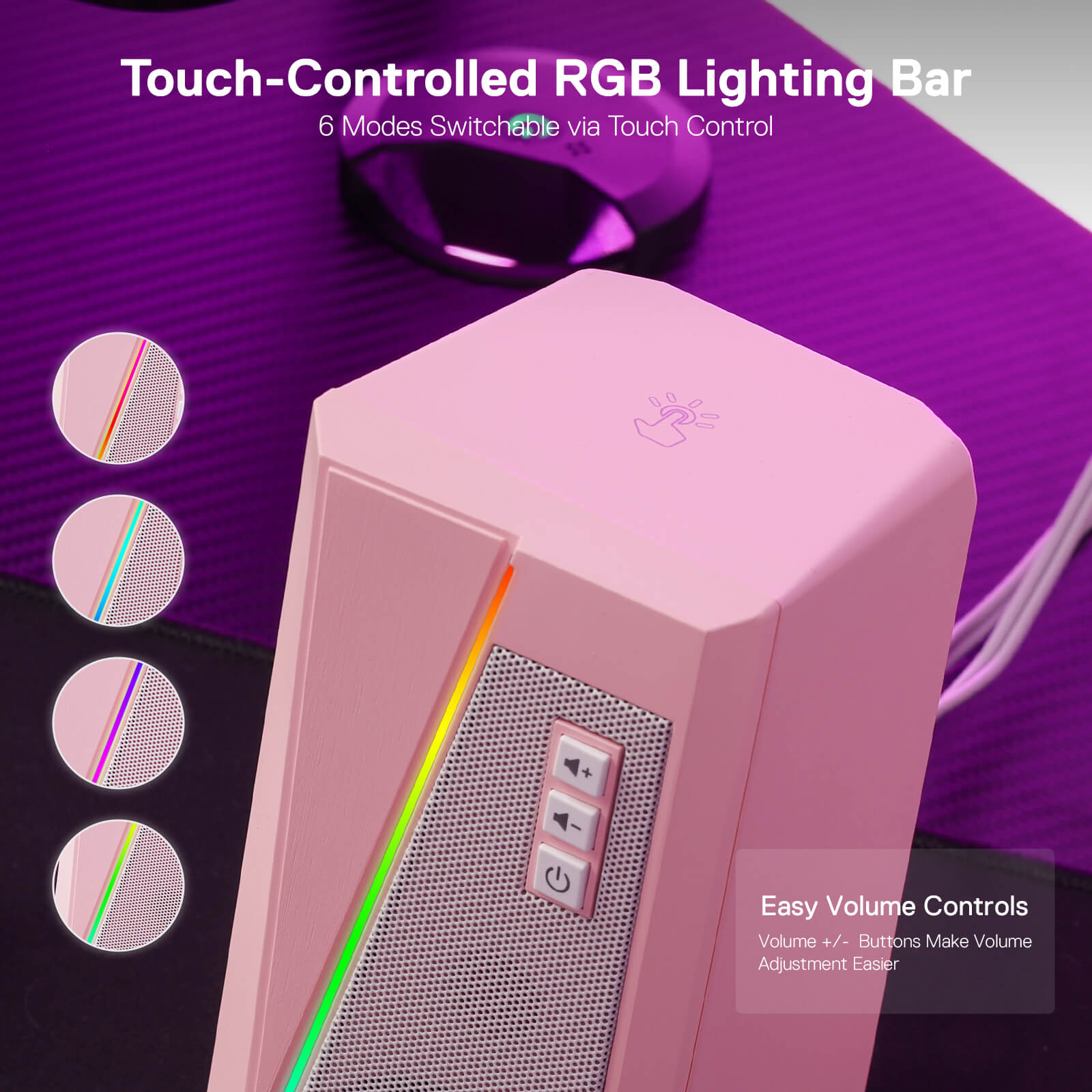 Pembesar Suara Desktop RGB Redragon GS520, Pembesar Suara Stereo Komputer PC 2.0 Saluran dengan 6 Mod LED Berwarna-warni, Bunyi Dipertingkat dan Kawalan Kelantangan Mudah Akses, Berkuasa USB dengan Kabel 3.5mm, Merah Jambu