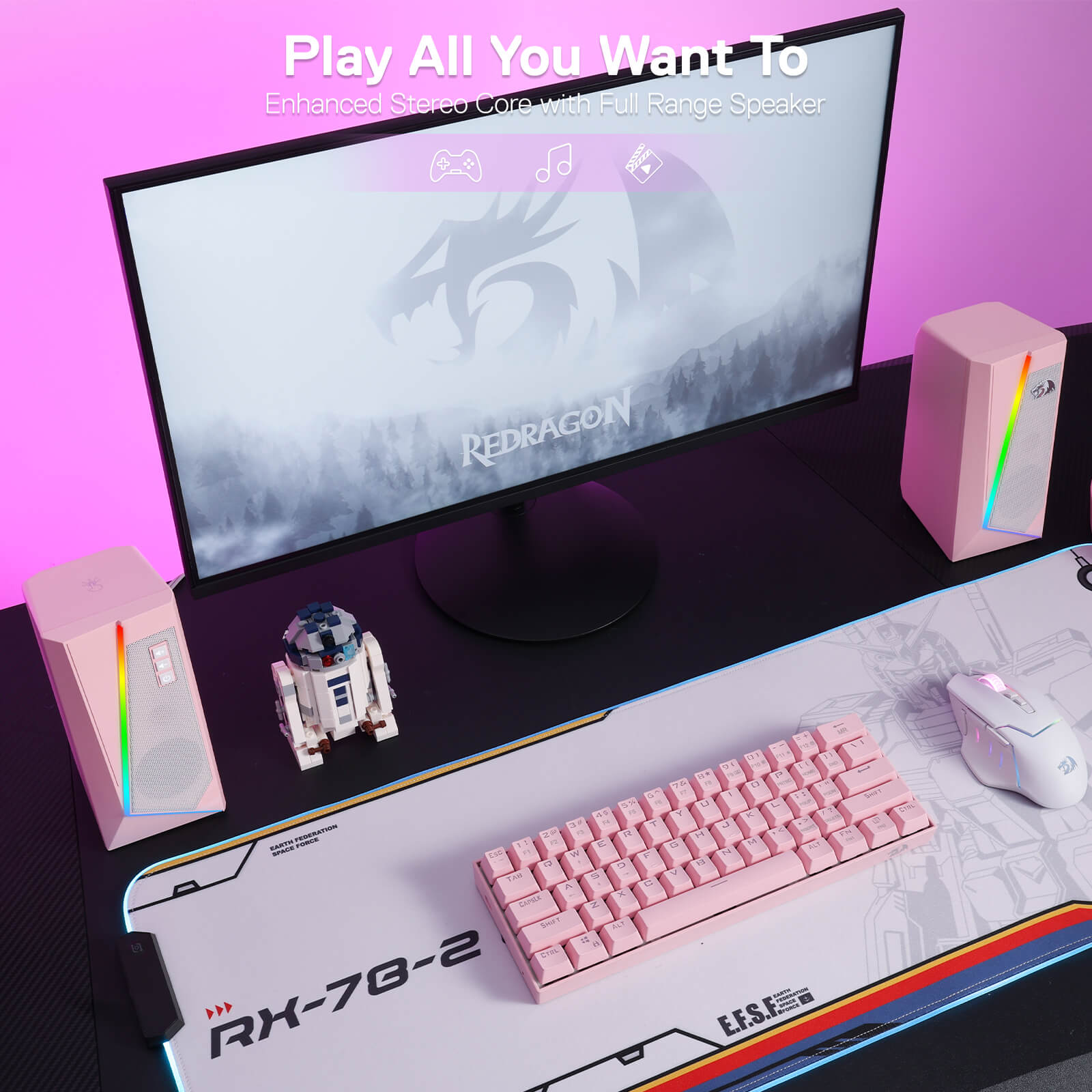 Pembesar Suara Desktop RGB Redragon GS520, Pembesar Suara Stereo Komputer PC 2.0 Saluran dengan 6 Mod LED Berwarna-warni, Bunyi Dipertingkat dan Kawalan Kelantangan Mudah Akses, Berkuasa USB dengan Kabel 3.5mm, Merah Jambu