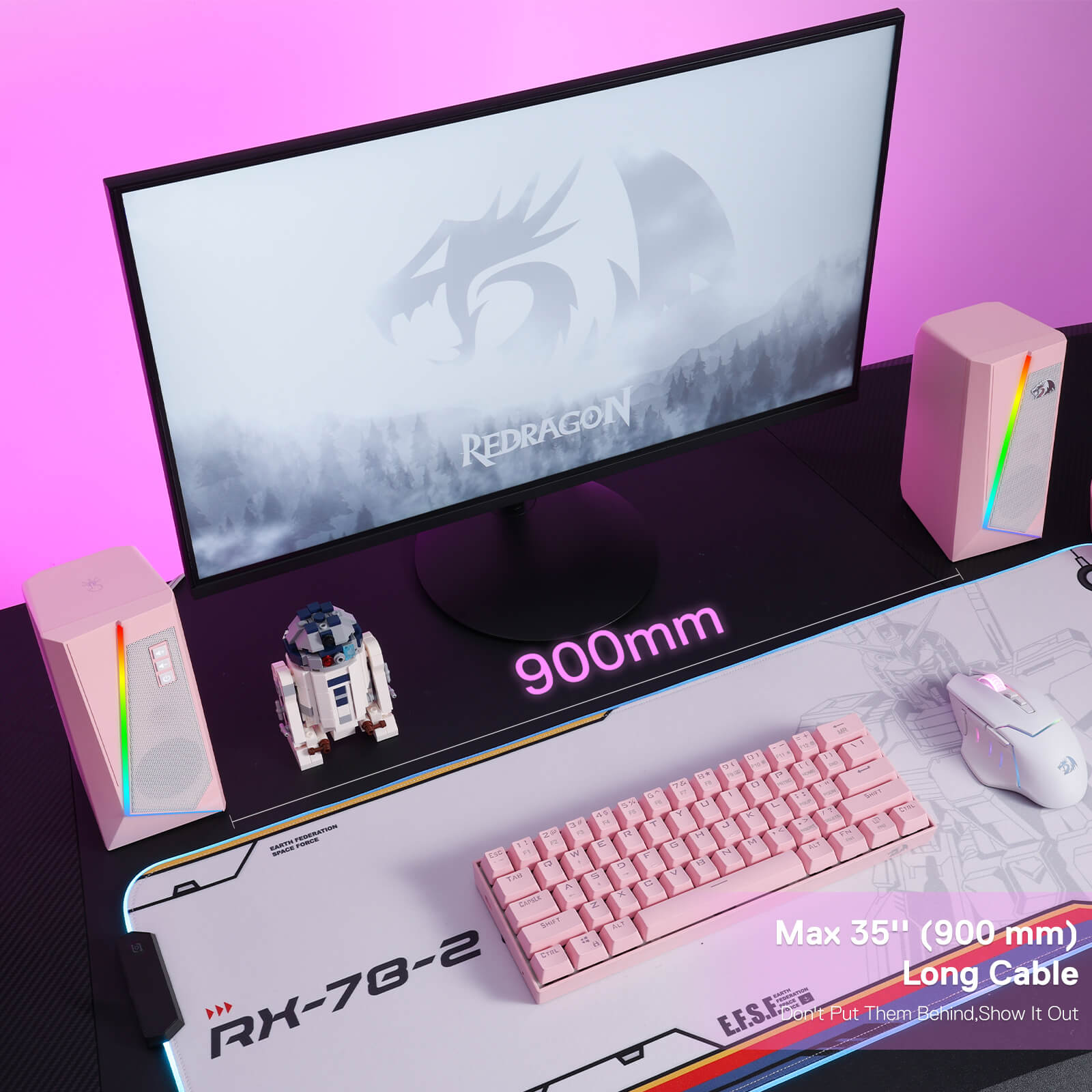 Pembesar Suara Desktop RGB Redragon GS520, Pembesar Suara Stereo Komputer PC 2.0 Saluran dengan 6 Mod LED Berwarna-warni, Bunyi Dipertingkat dan Kawalan Kelantangan Mudah Akses, Berkuasa USB dengan Kabel 3.5mm, Merah Jambu