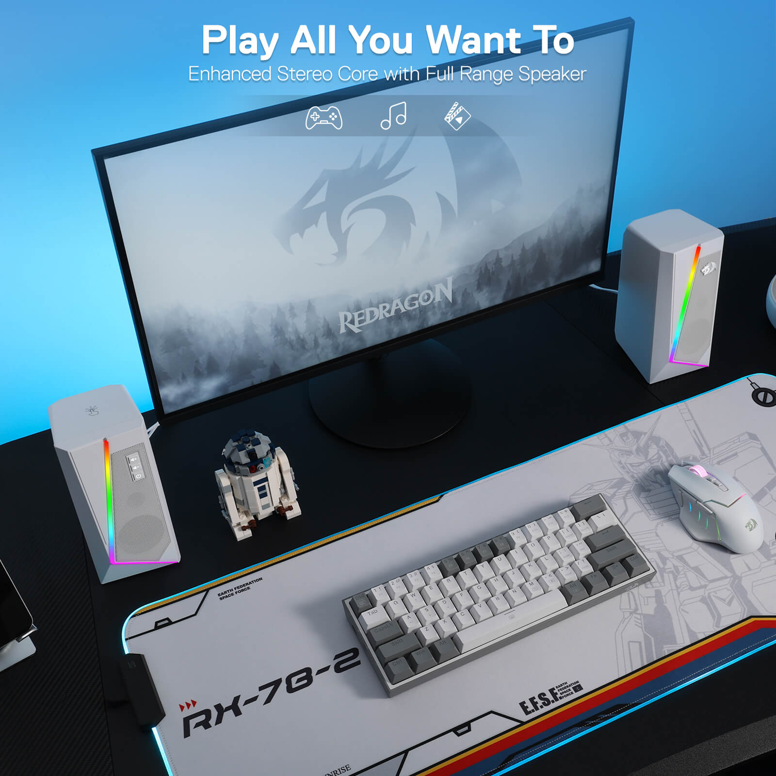 Redragon GS520 Pembesar Suara Desktop RGB, Pembesar Suara Stereo Komputer PC 2.0 Saluran dengan 6 Mod LED Berwarna-warni, Bunyi Dipertingkat dan Kawalan Kelantangan Akses Mudah, Dikuasakan USB dengan Kabel 3.5mm, Putih