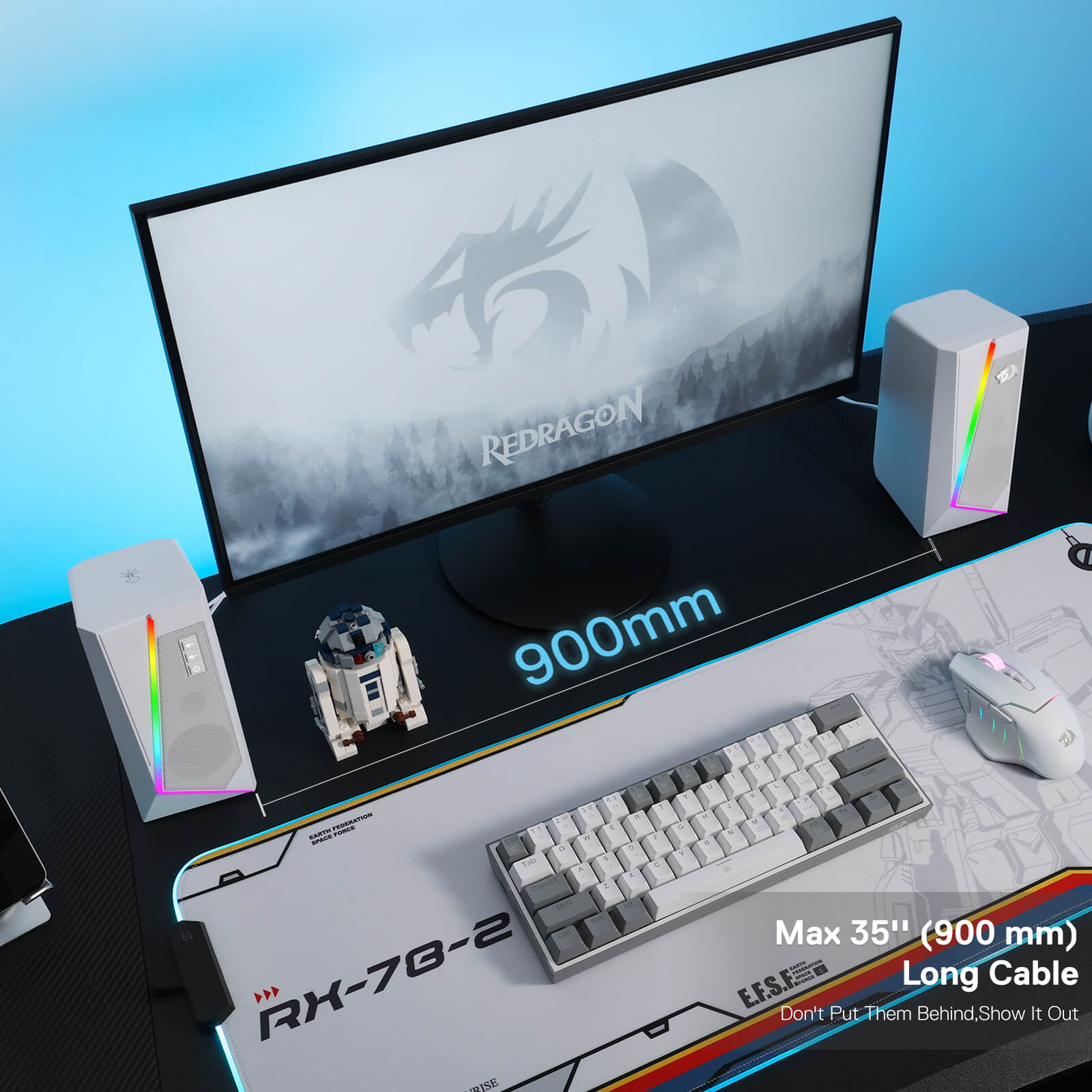 Redragon GS520 Pembesar Suara Desktop RGB, Pembesar Suara Stereo Komputer PC 2.0 Saluran dengan 6 Mod LED Berwarna-warni, Bunyi Dipertingkat dan Kawalan Kelantangan Akses Mudah, Dikuasakan USB dengan Kabel 3.5mm, Putih