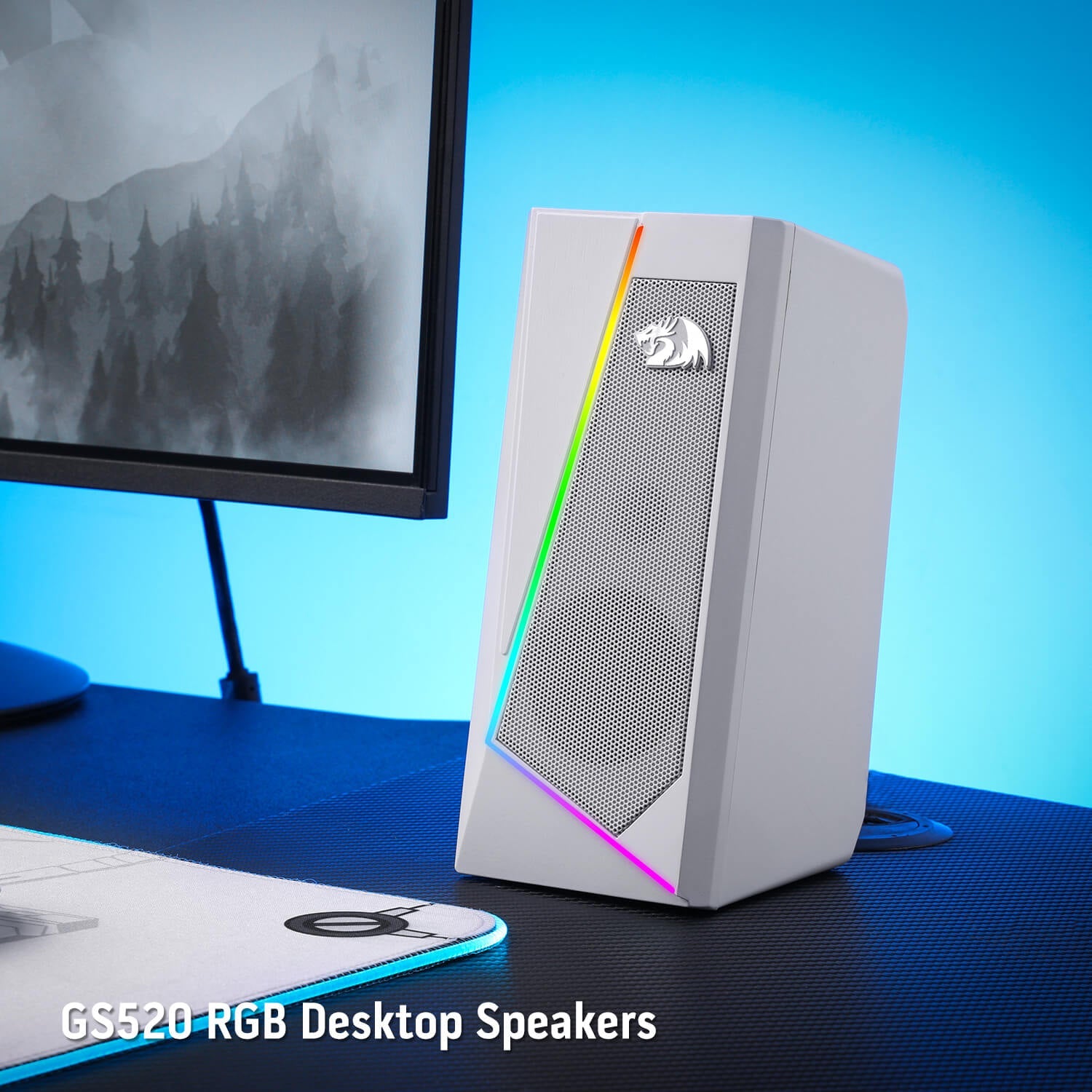Redragon GS520 Pembesar Suara Desktop RGB, Pembesar Suara Stereo Komputer PC 2.0 Saluran dengan 6 Mod LED Berwarna-warni, Bunyi Dipertingkat dan Kawalan Kelantangan Akses Mudah, Dikuasakan USB dengan Kabel 3.5mm, Putih