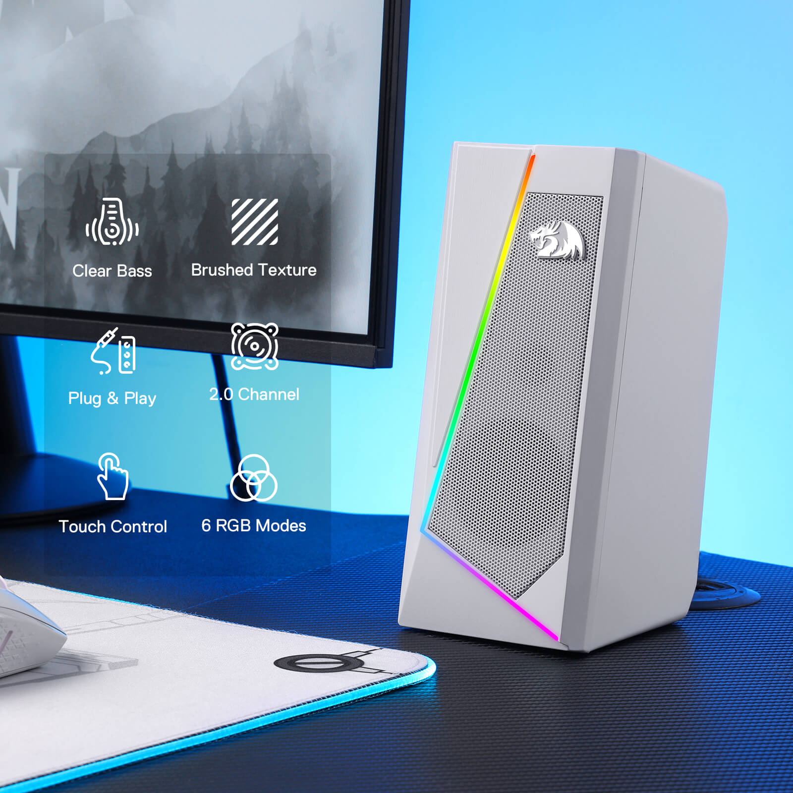 Redragon GS520 Pembesar Suara Desktop RGB, Pembesar Suara Stereo Komputer PC 2.0 Saluran dengan 6 Mod LED Berwarna-warni, Bunyi Dipertingkat dan Kawalan Kelantangan Akses Mudah, Dikuasakan USB dengan Kabel 3.5mm, Putih