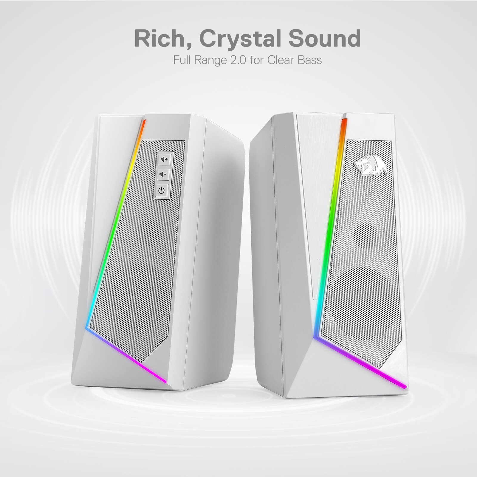 Redragon GS520 Pembesar Suara Desktop RGB, Pembesar Suara Stereo Komputer PC 2.0 Saluran dengan 6 Mod LED Berwarna-warni, Bunyi Dipertingkat dan Kawalan Kelantangan Akses Mudah, Dikuasakan USB dengan Kabel 3.5mm, Putih