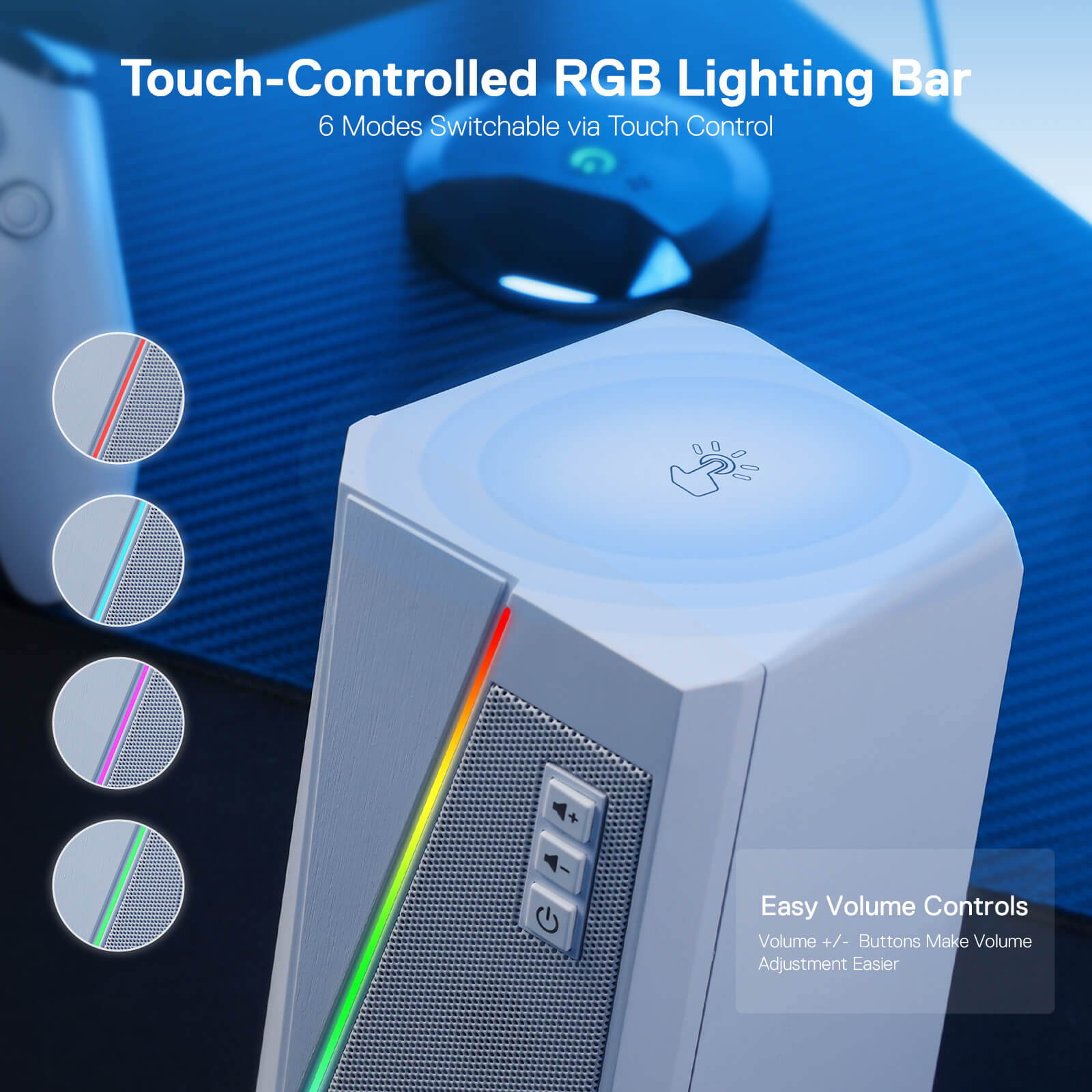 Redragon GS520 Pembesar Suara Desktop RGB, Pembesar Suara Stereo Komputer PC 2.0 Saluran dengan 6 Mod LED Berwarna-warni, Bunyi Dipertingkat dan Kawalan Kelantangan Akses Mudah, Dikuasakan USB dengan Kabel 3.5mm, Putih