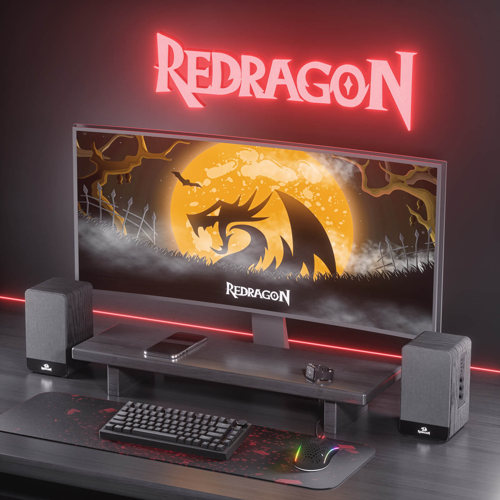 Pembesar Suara Meja Tanpa Wayar Redragon GS813, Pembesar Suara Rak Buku 2.0 Saluran dengan Output 20W Berkuasa, Sambungan BT 5.0/3.5mm AUX, Kawalan Tombol Bes/Treble yang Dipertingkatkan dan Kad TF/Pemacu Kilat USB Disokong
