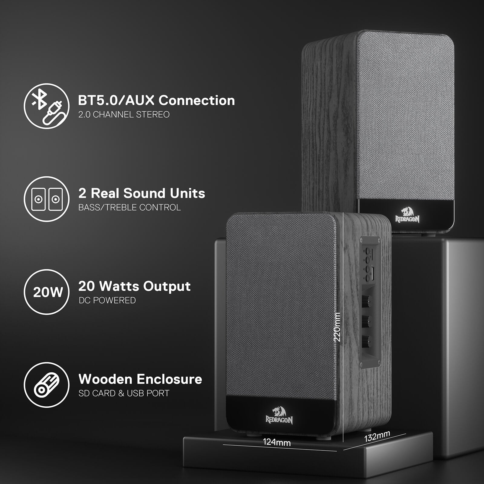 Pembesar Suara Meja Tanpa Wayar Redragon GS813, Pembesar Suara Rak Buku 2.0 Saluran dengan Output 20W Berkuasa, Sambungan BT 5.0/3.5mm AUX, Kawalan Tombol Bes/Treble yang Dipertingkatkan dan Kad TF/Pemacu Kilat USB Disokong