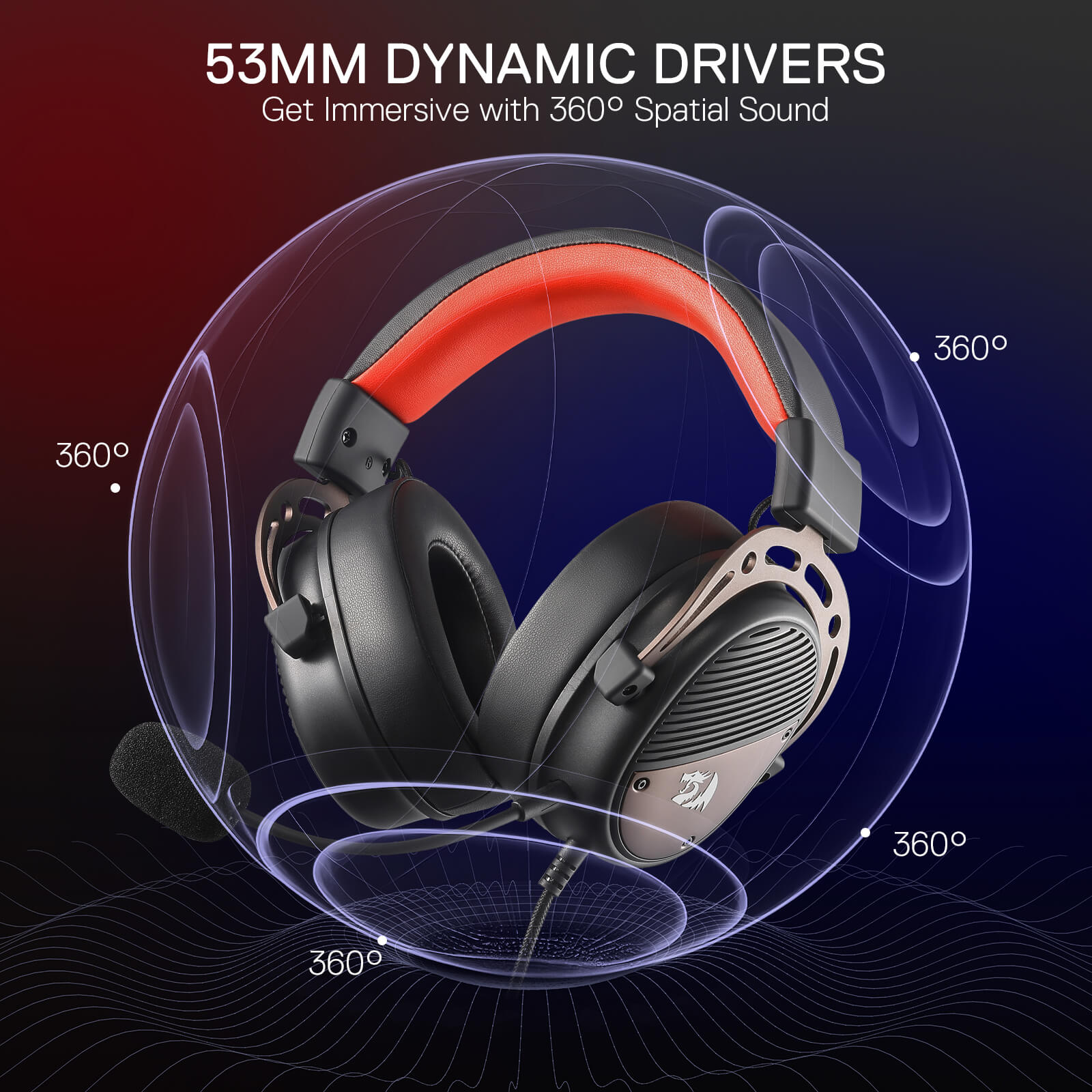 Redragon H730 USB Wired Gaming Headset - 53mm Drivers, 360° Spatial Sound, Detachable Noise-Canceling Microphone, Magnetic Replaceable Ear Cushions, Over-Ear Headphones Works for PC/PS4/PS5